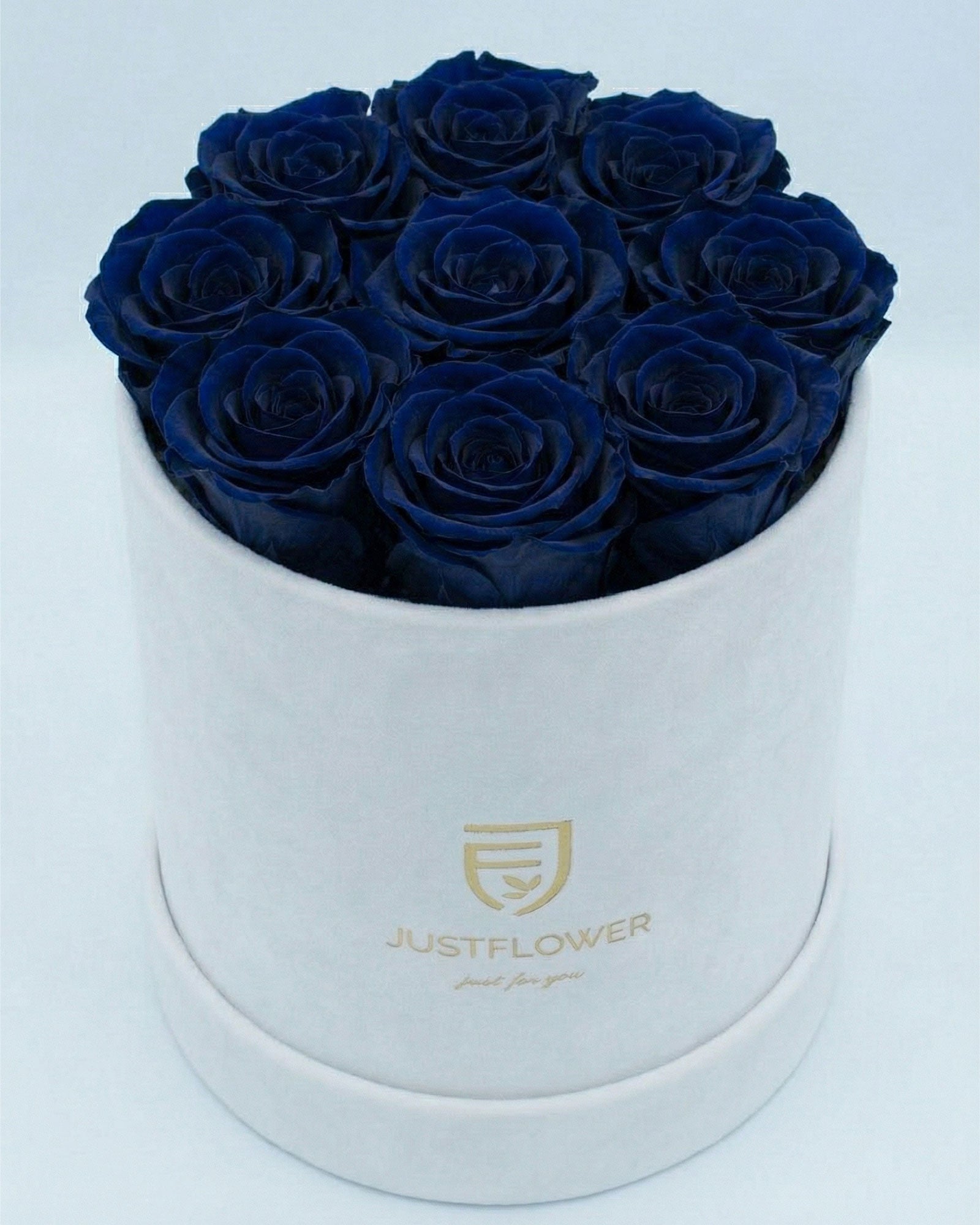 Rosenbox Rund Medium Weiss Velvet mit dunkelblauen Infinity Rosen – edles und kontrastreiches Design