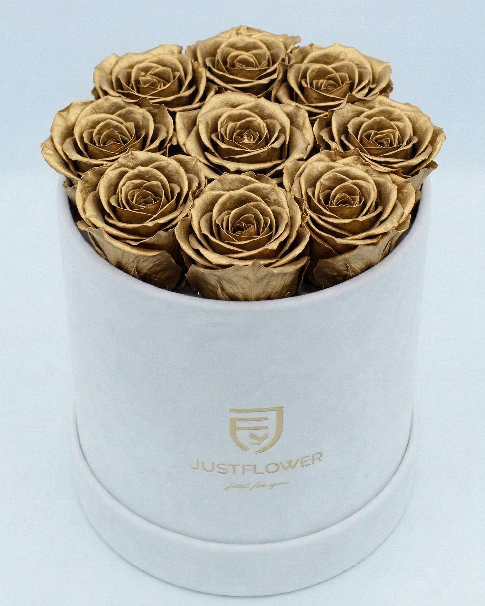 Rosenbox Rund Medium Weiss Velvet mit goldenen Infinity Rosen – luxuriöse Rosenbox für exklusive Geschenke
