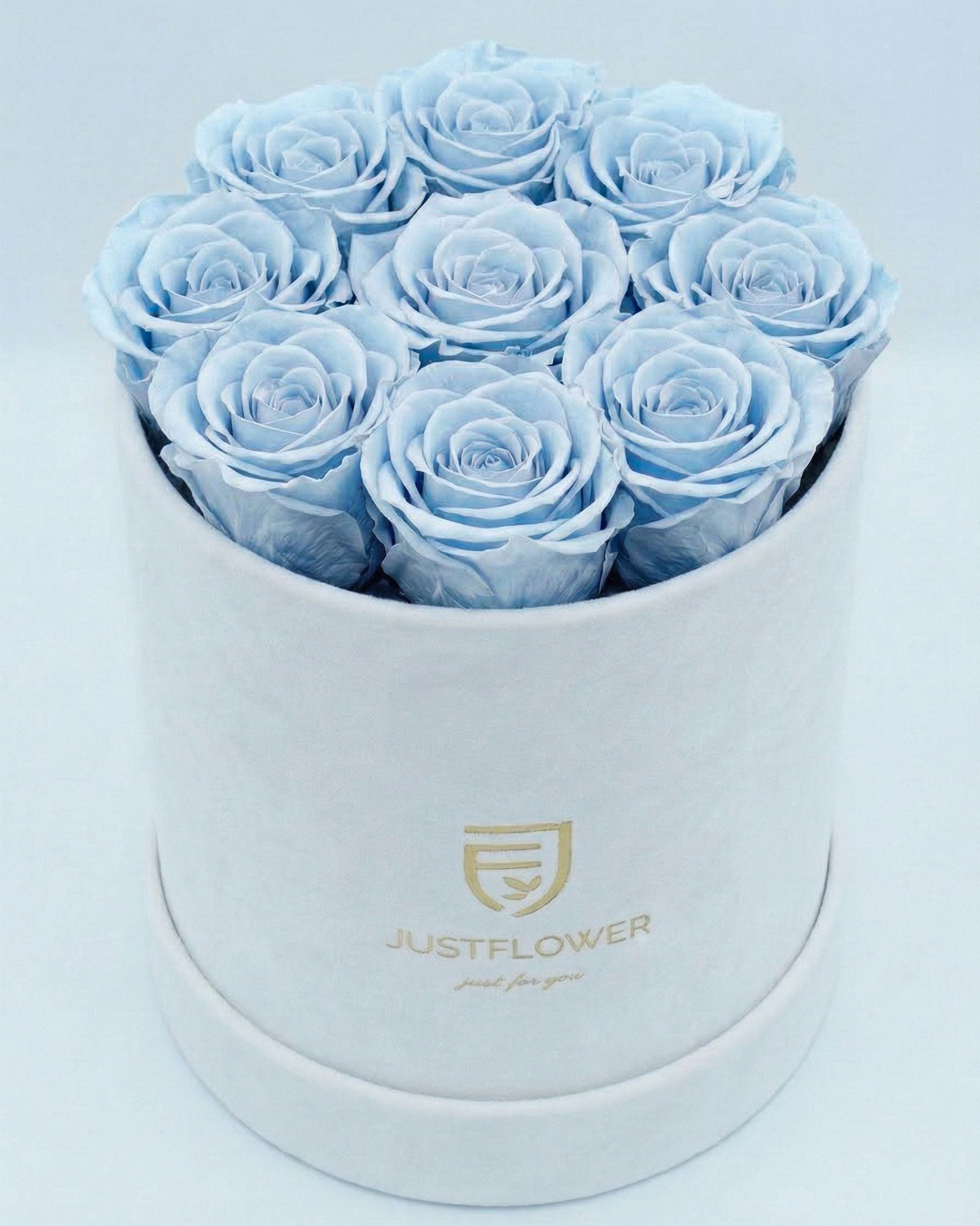 Rosenbox Rund Medium Weiss Velvet mit hellblauen Infinity Rosen – frische und kreative Geschenkidee