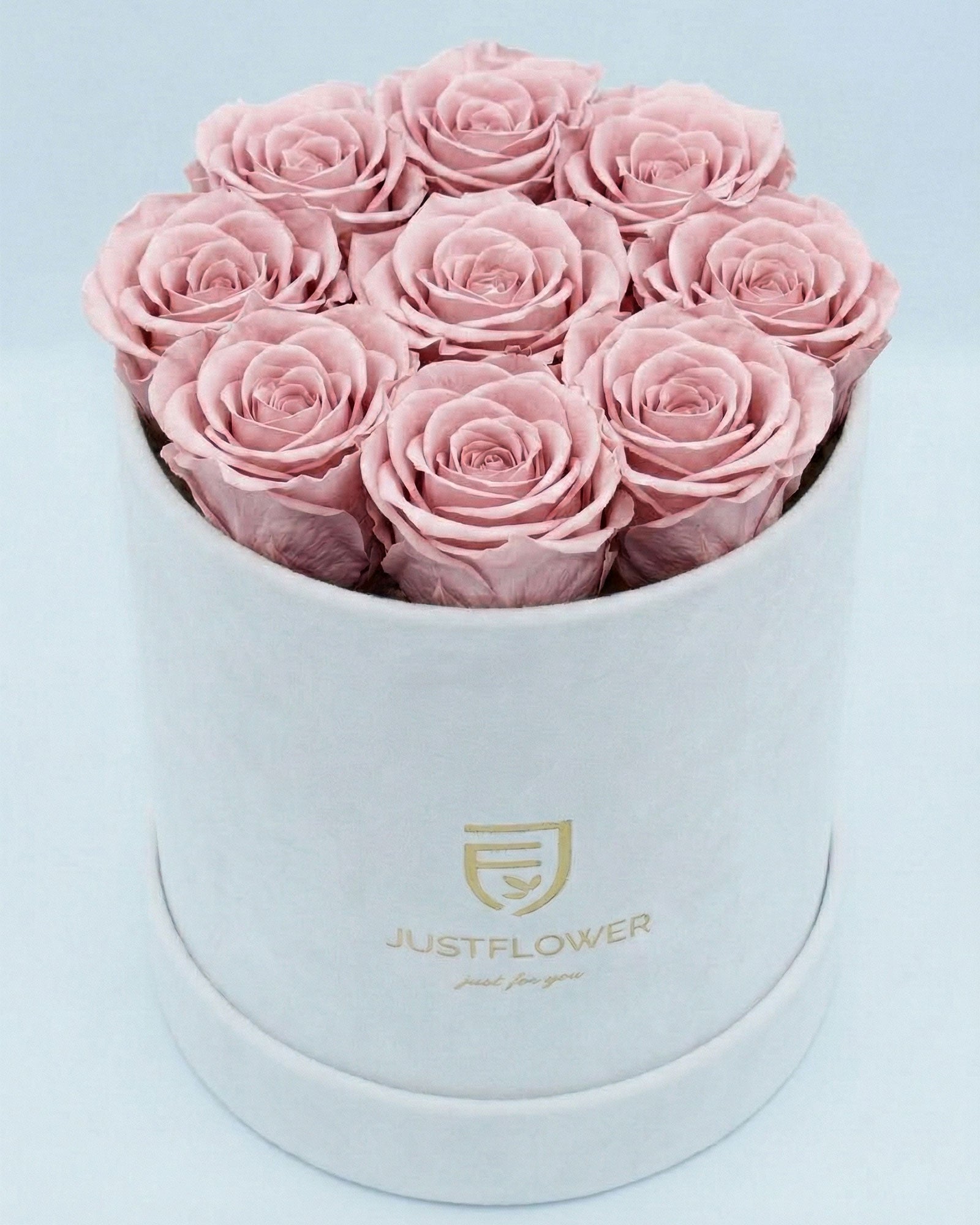 Rosenbox Rund Medium Weiss Velvet mit hellrosa Infinity Rosen – sanfte und harmonische Geschenkidee