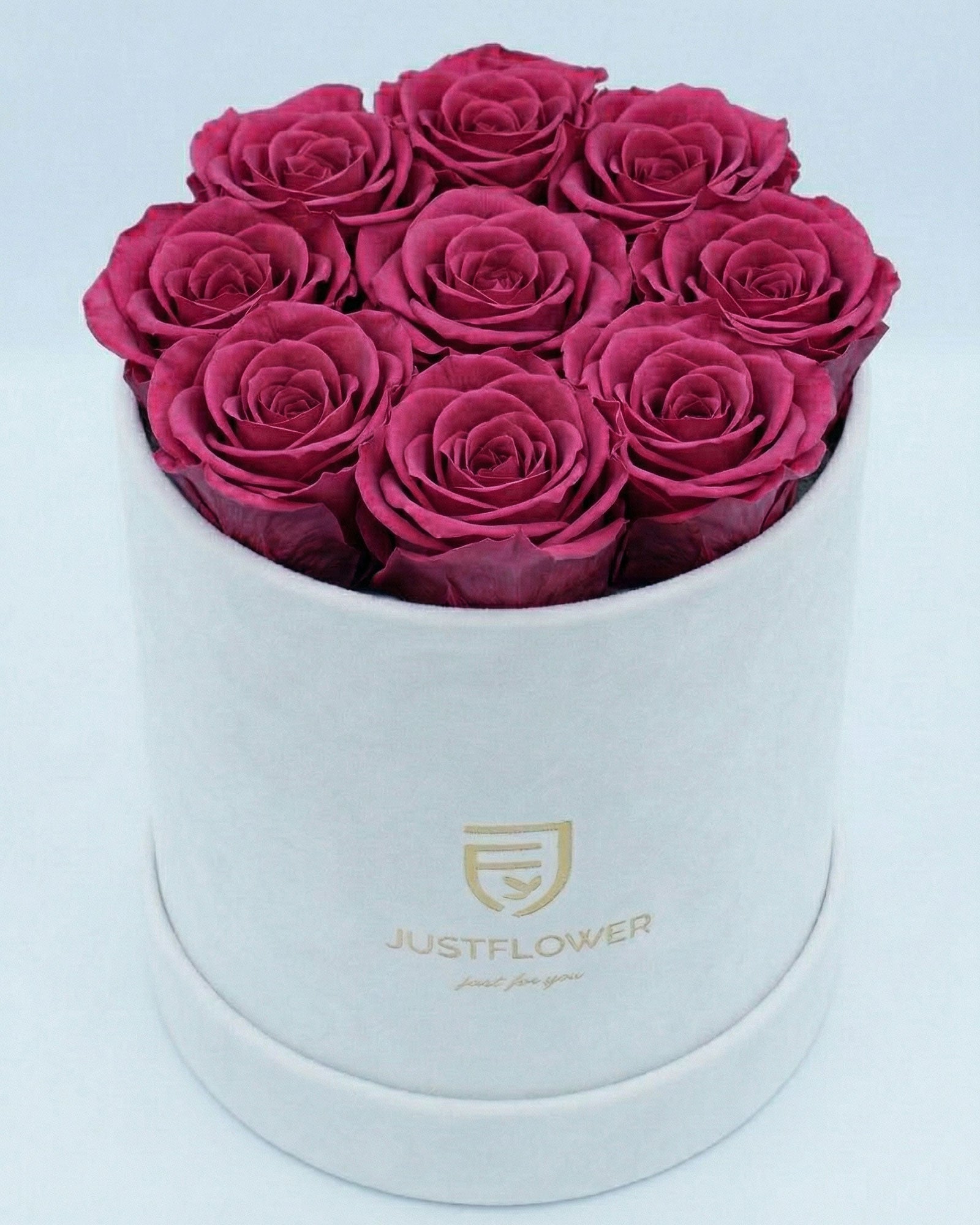 Rosenbox Rund Medium Weiss Velvet mit rosa Infinity Rosen – romantische und elegante Blumenbox
