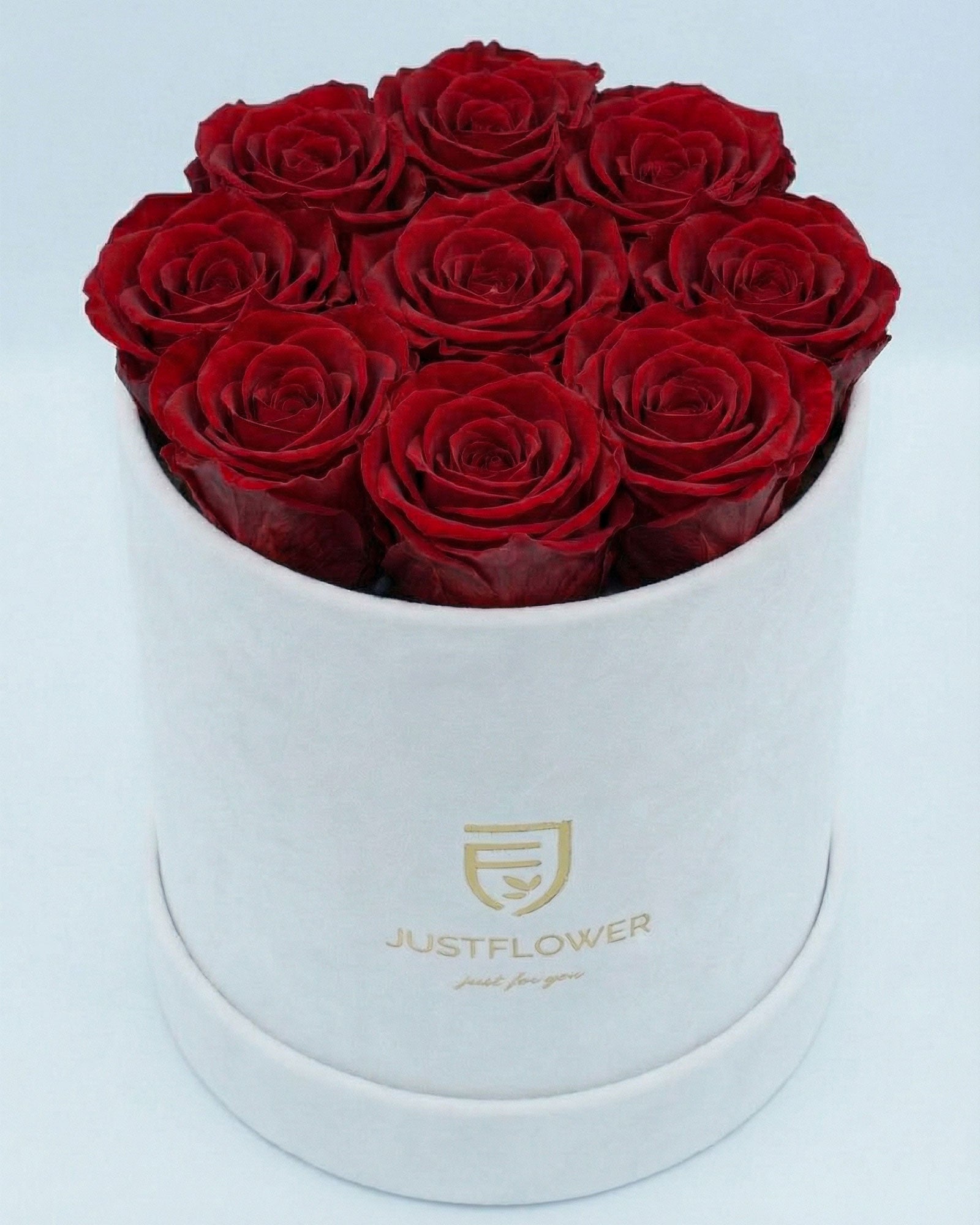 Rosenbox Rund Medium Weiss Velvet mit roten Infinity Rosen – klassisch elegante Rosenbox als Geschenk