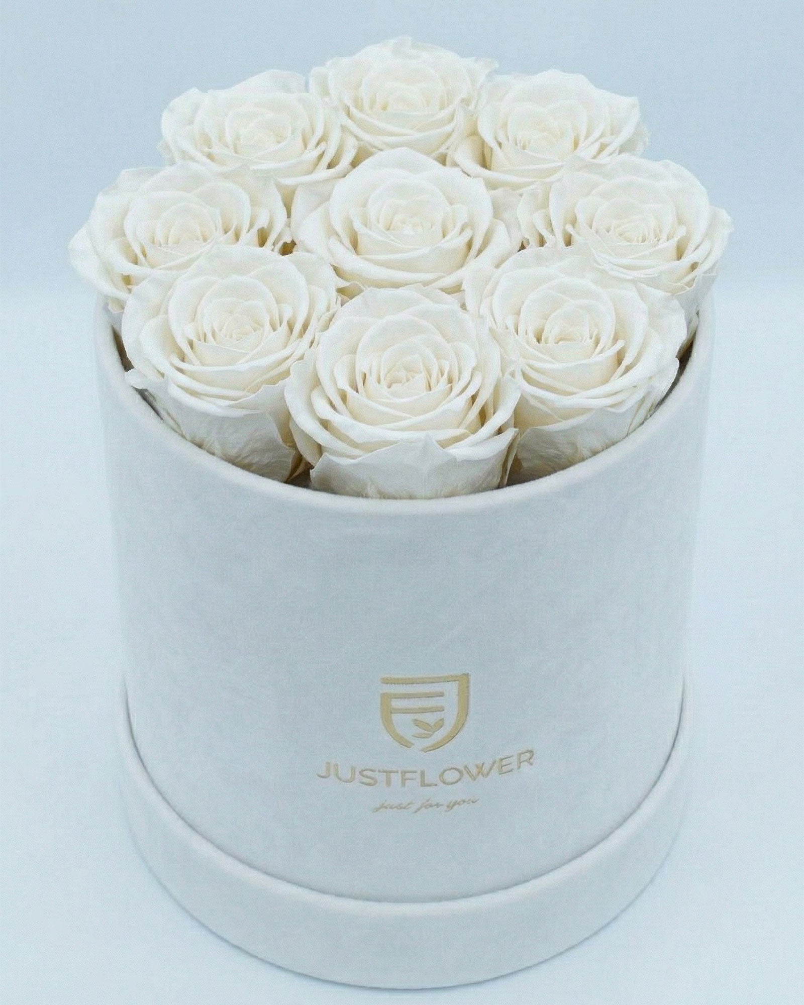 Rosenbox Rund Medium in Weiss Velvet mit ca. 9–11 Infinity Rosen in Weiss – elegante Geschenkbox von JustFlower Schweiz