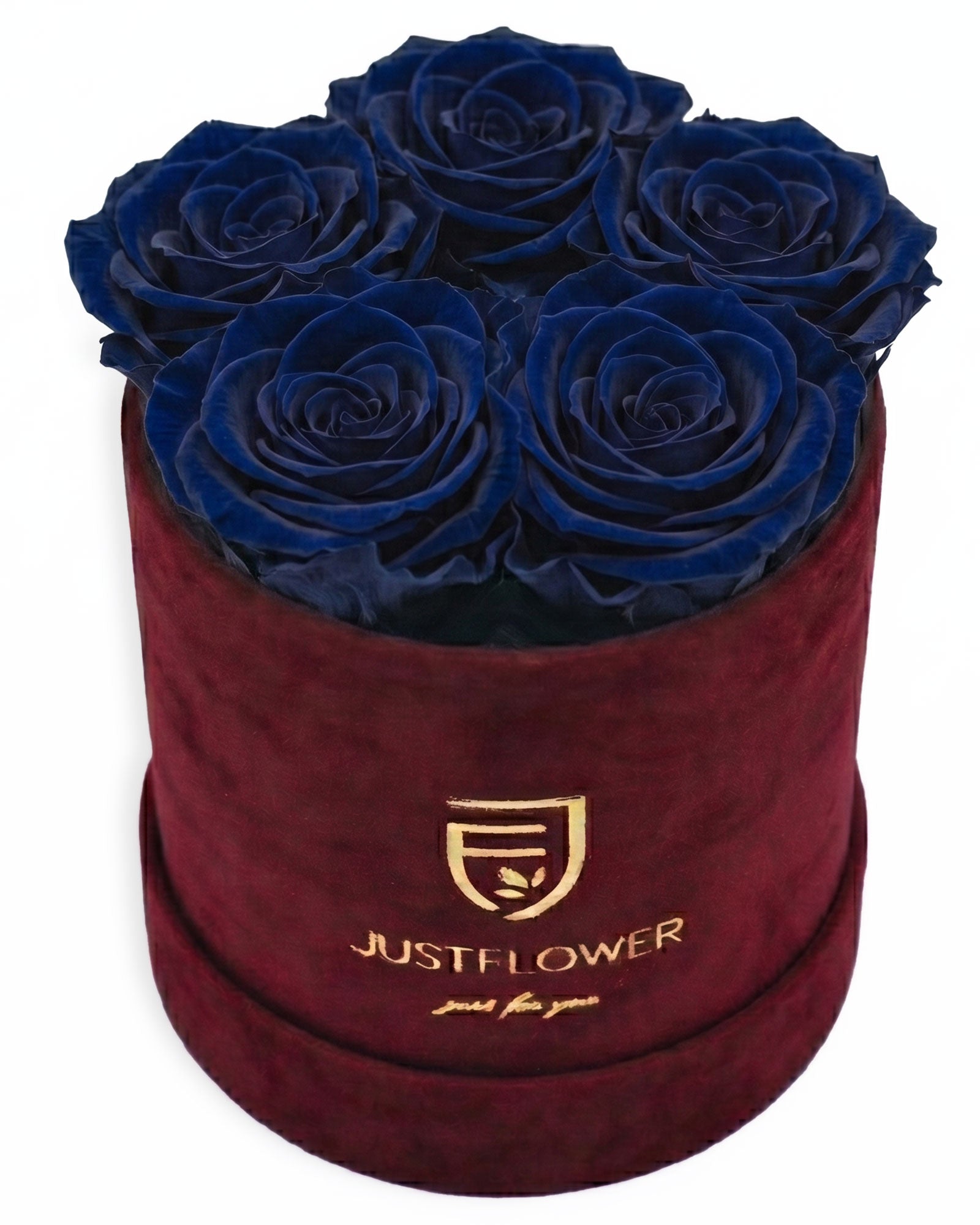 Rosenbox Rund Small Burgund Velvet (12x12 cm) mit dunkelblauen Infinity Rosen – edles und tiefes Farbdesign
