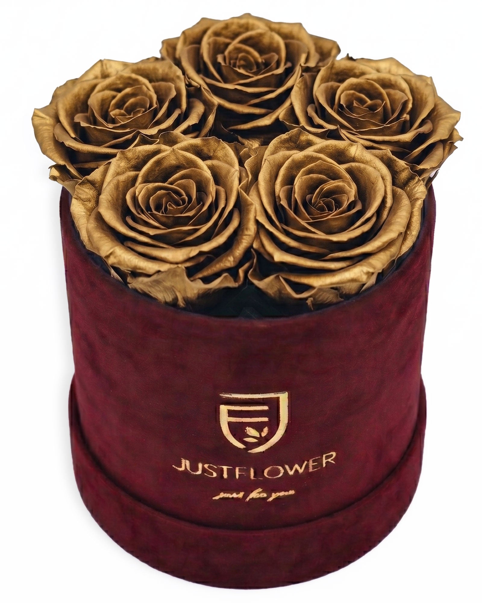 Rosenbox Rund Small Burgund Velvet (12x12 cm) mit orangefarbenen Infinity Rosen – lebendige und auffällige Rosenbox