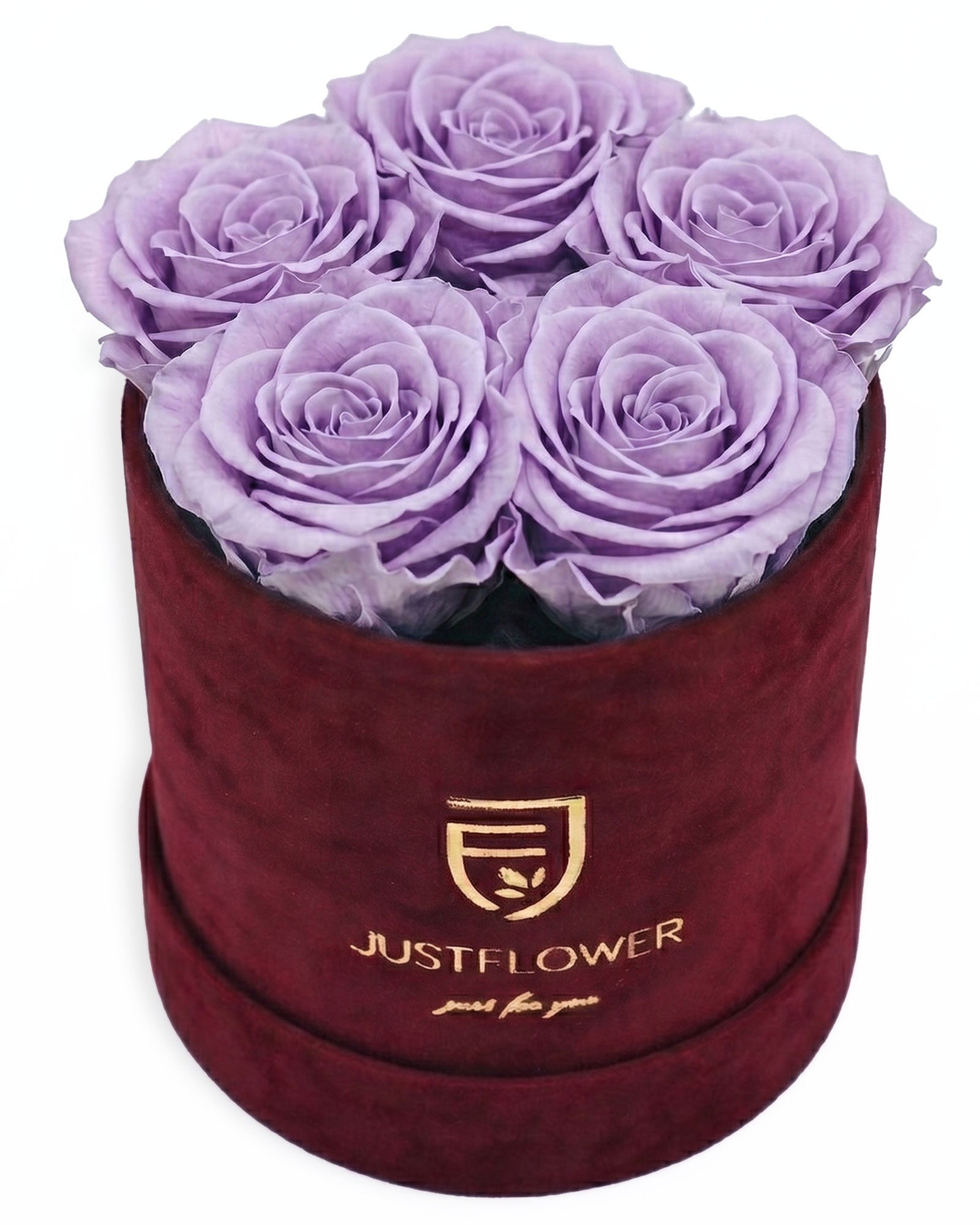 Rosenbox Rund Small Burgund Velvet (12x12 cm) mit lila Infinity Rosen – auffällige und stilvolle Geschenkbox