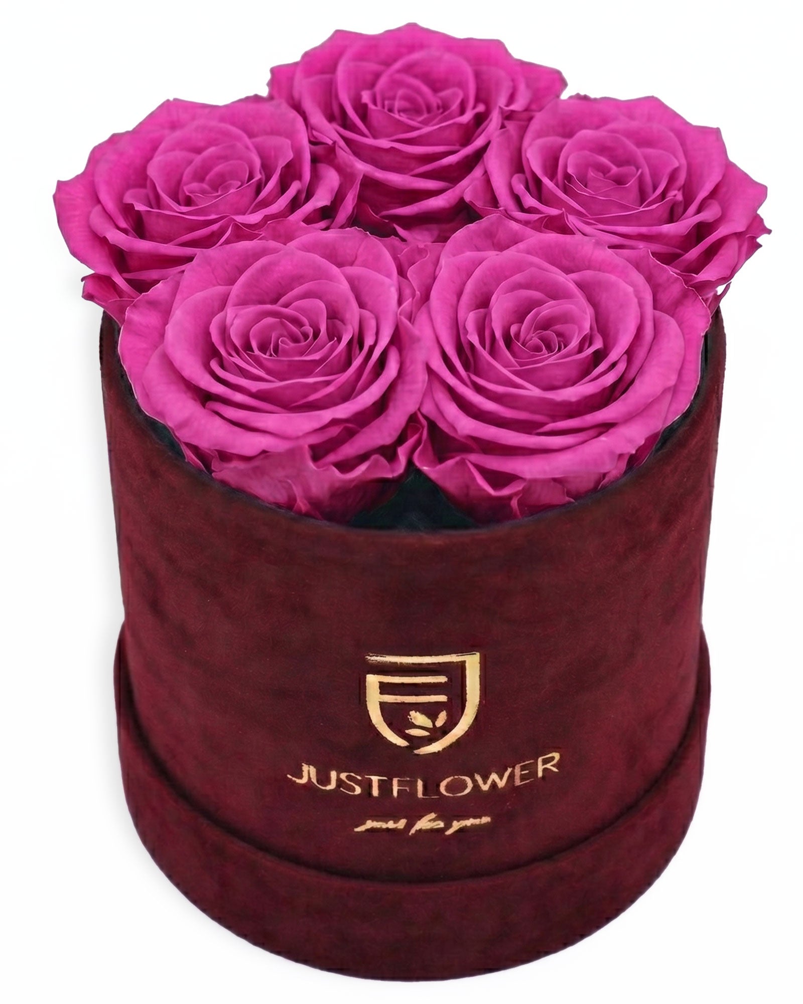 Rosenbox Rund Small Burgund Velvet (12x12 cm) mit rosa Infinity Rosen – harmonische und romantische Kombination