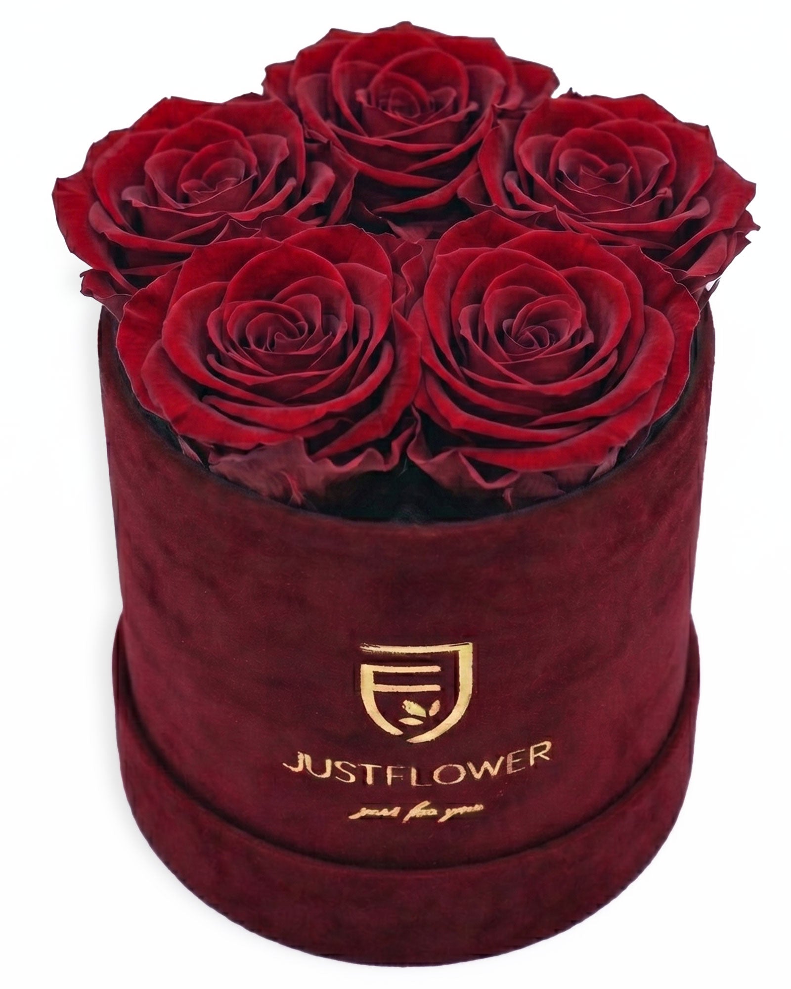 Rosenbox Rund Small Burgund Velvet (12x12 cm) mit roten Infinity Rosen – romantische und stilvolle Geschenkidee