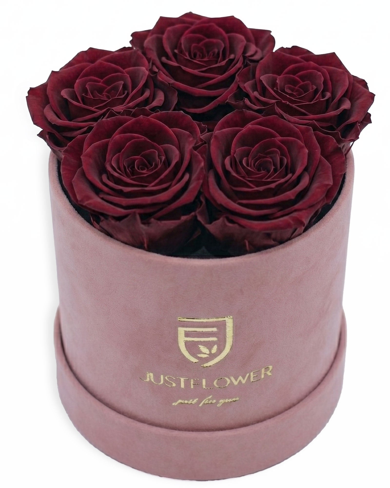 Rosenbox Rund Small Hellrosa Velvet (12x12 cm) mit burgundfarbenen Infinity Rosen – edle und luxuriöse Geschenkidee