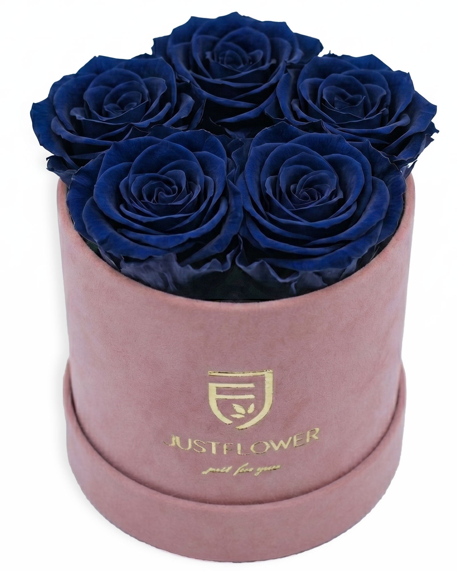 Rosenbox Rund Small Hellrosa Velvet (12x12 cm) mit dunkelblauen Infinity Rosen – edles und kontrastreiches Design