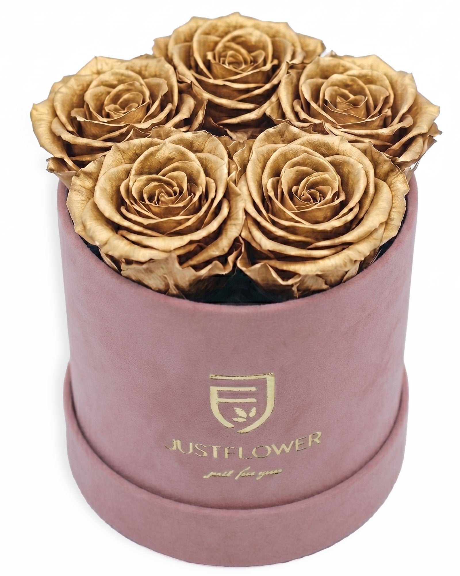 Rosenbox Rund Small Hellrosa Velvet (12x12 cm) mit goldenen Infinity Rosen – luxuriöse Rosenbox für exklusive Geschenke
