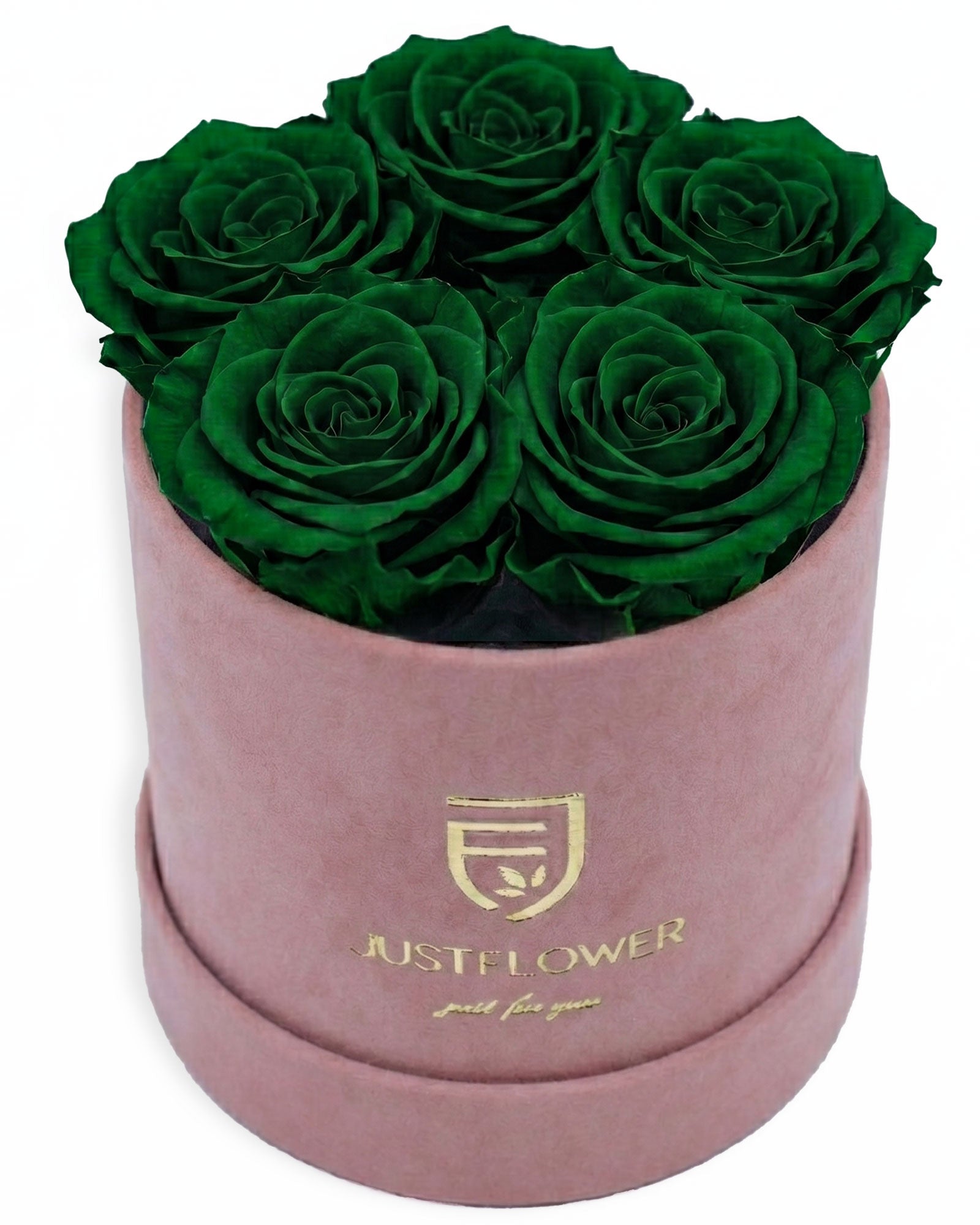 Rosenbox Rund Small Hellrosa Velvet (12x12 cm) mit grünen Infinity Rosen – aussergewöhnliche und moderne Geschenkidee