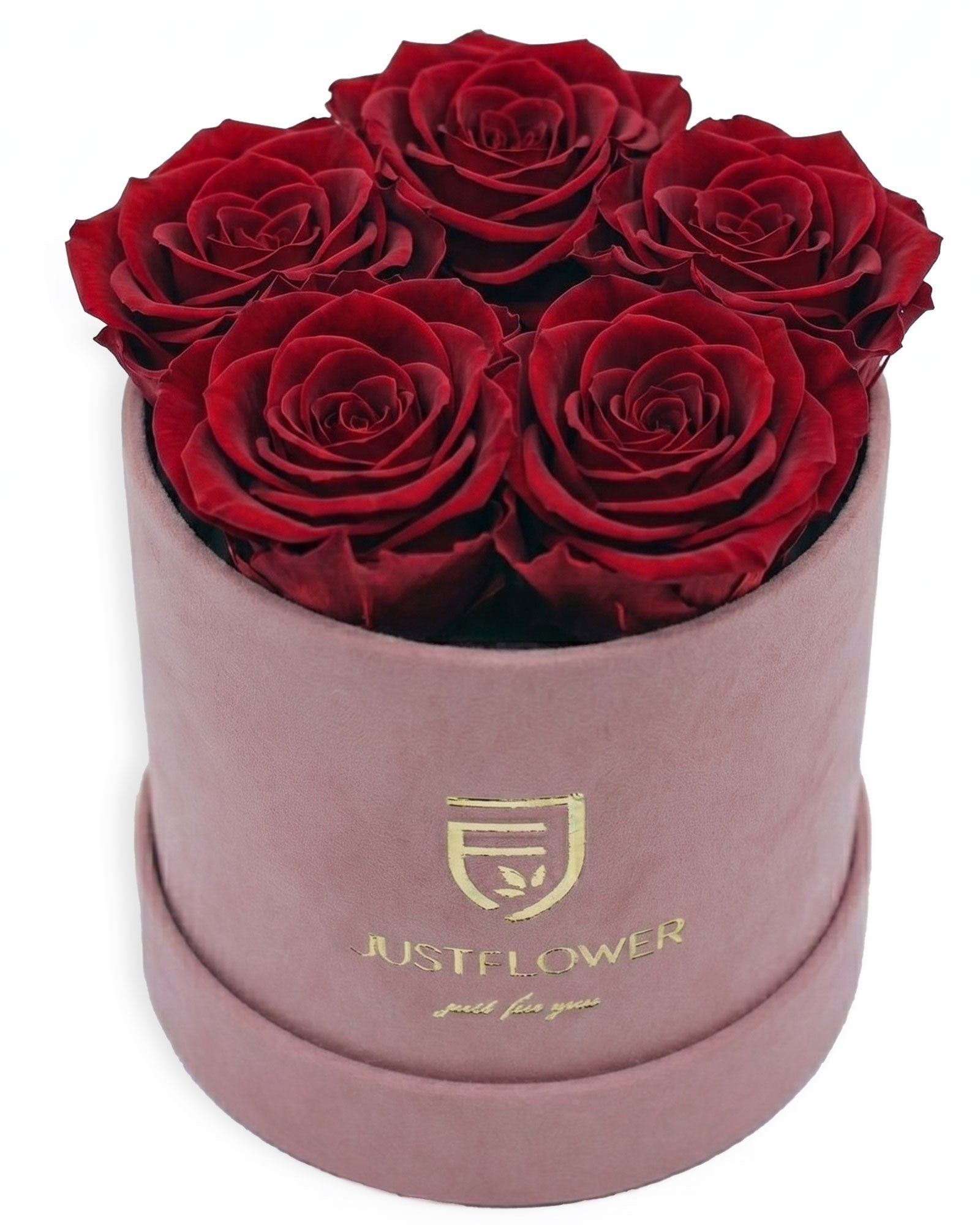 Rosenbox Rund Small Hellrosa Velvet (12x12 cm) mit roten Infinity Rosen – romantische und auffällige Geschenkidee