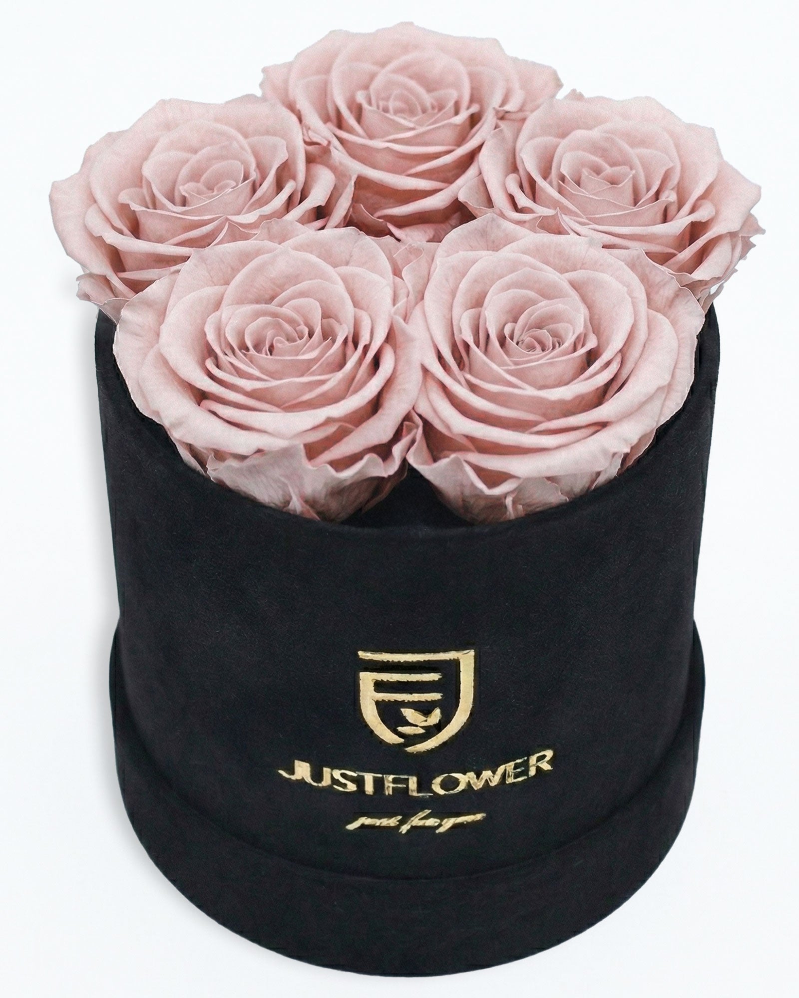 Rosenbox Rund Small Schwarz Velvet (12x12 cm) mit altrosa Infinity Rosen – moderne Rosenbox im edlen Look