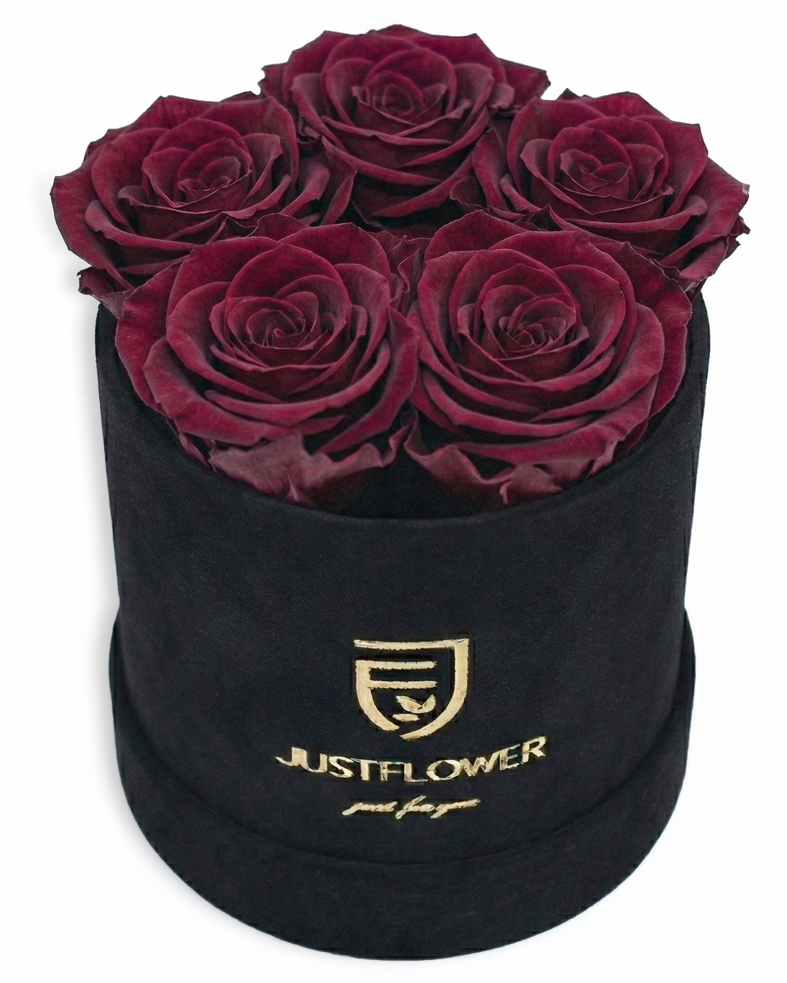 Rosenbox Rund Small Schwarz Velvet (12x12 cm) mit burgundfarbenen Infinity Rosen – edle und luxuriöse Geschenkbox