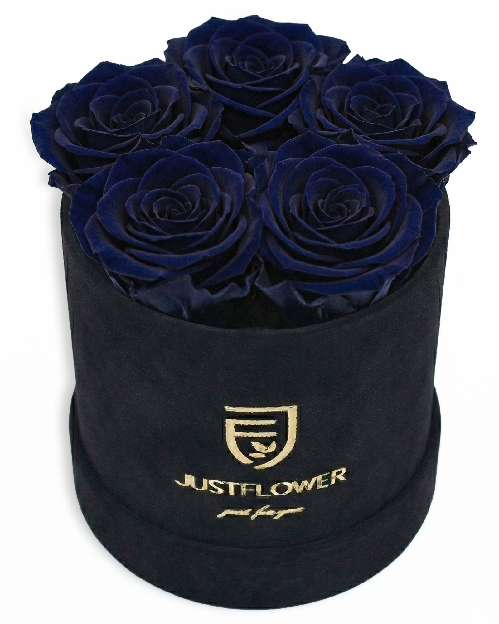 Rosenbox Rund Small Schwarz Velvet (12x12 cm) mit dunkelblauen Infinity Rosen – edles und tiefes Farbdesign