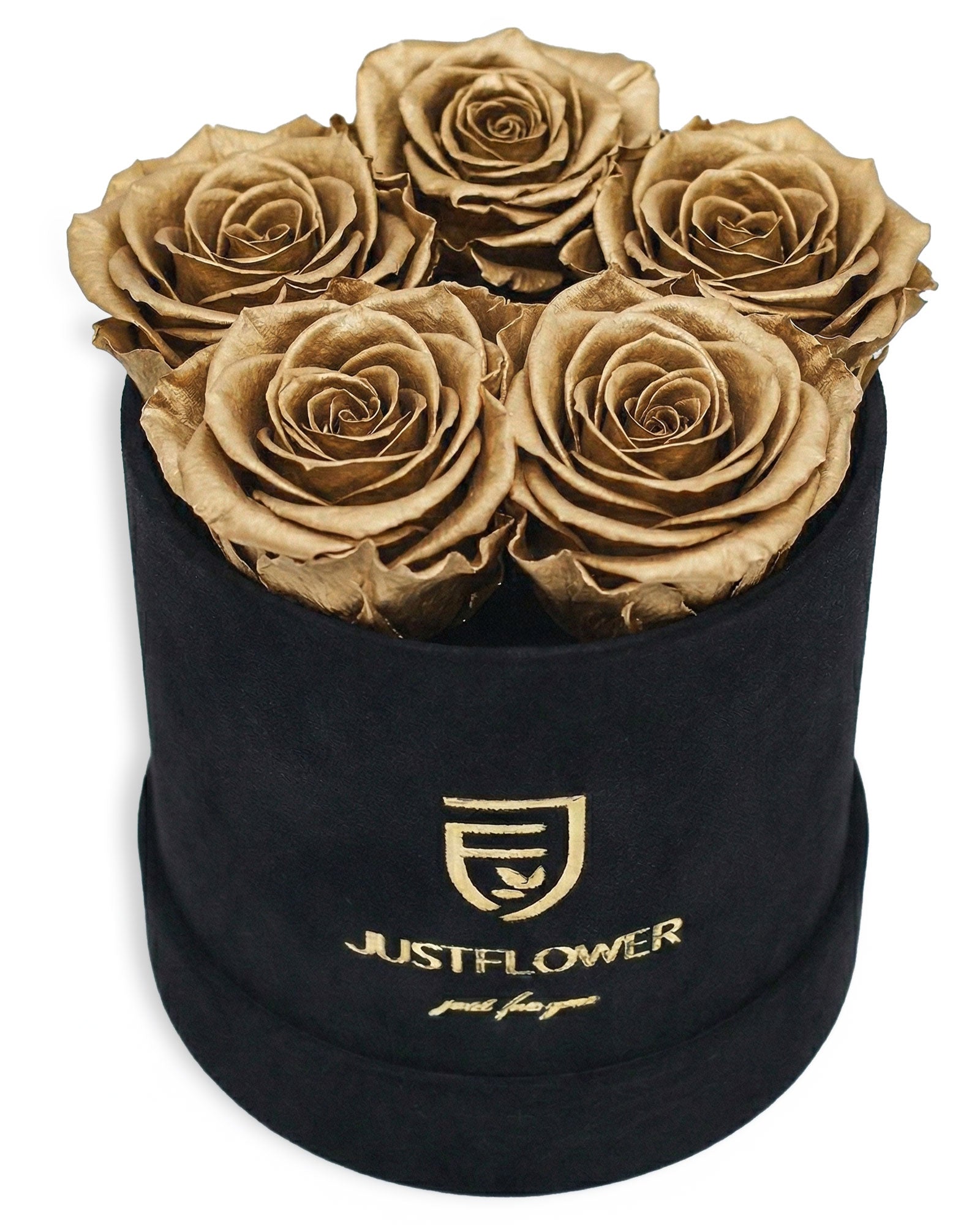 Rosenbox Rund Small Schwarz Velvet (12x12 cm) mit goldenen Infinity Rosen – luxuriöse Rosenbox für exklusive Geschenke