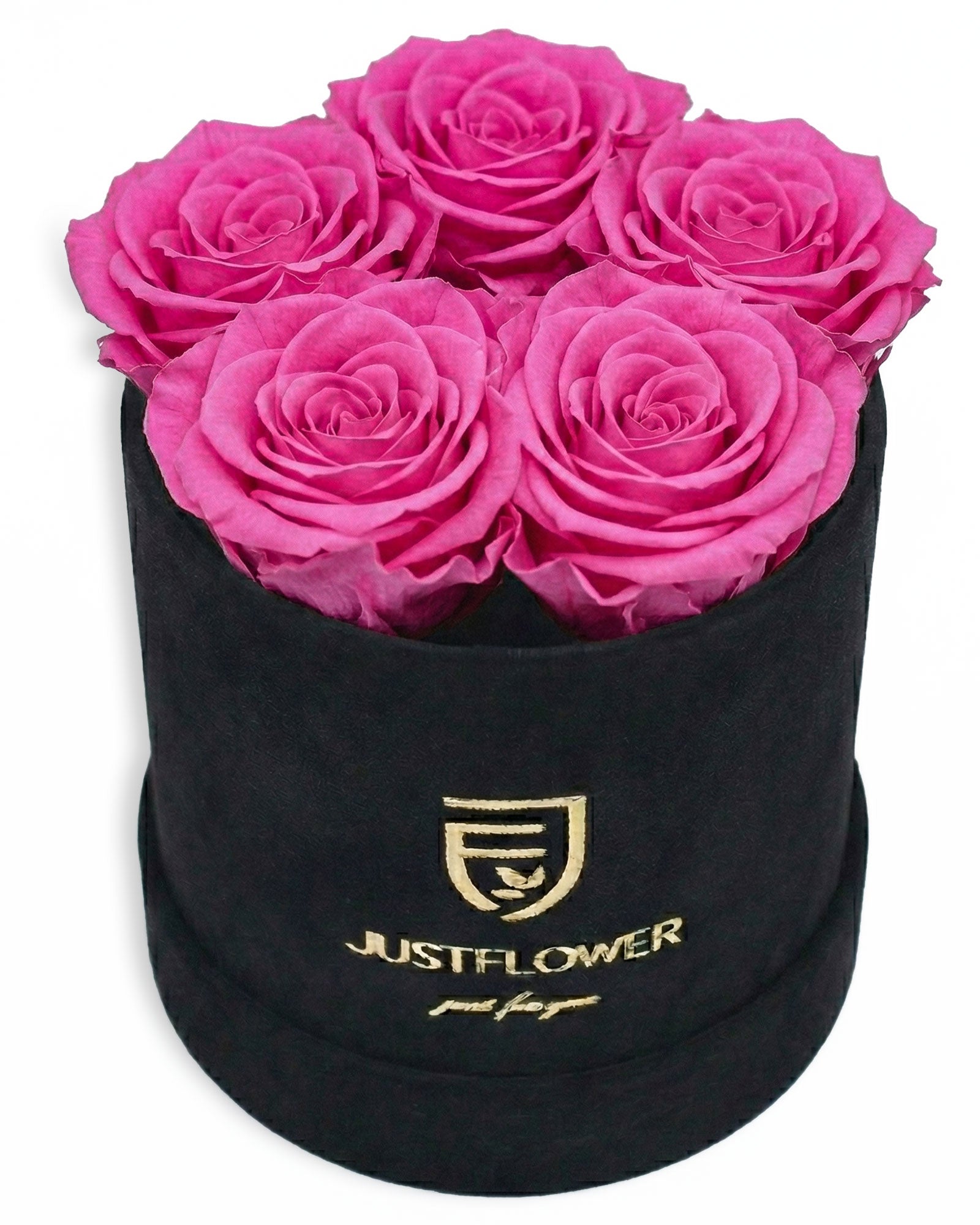 Rosenbox Rund Small Schwarz Velvet (12x12 cm) mit rosa Infinity Rosen – harmonische und stilvolle Kombination