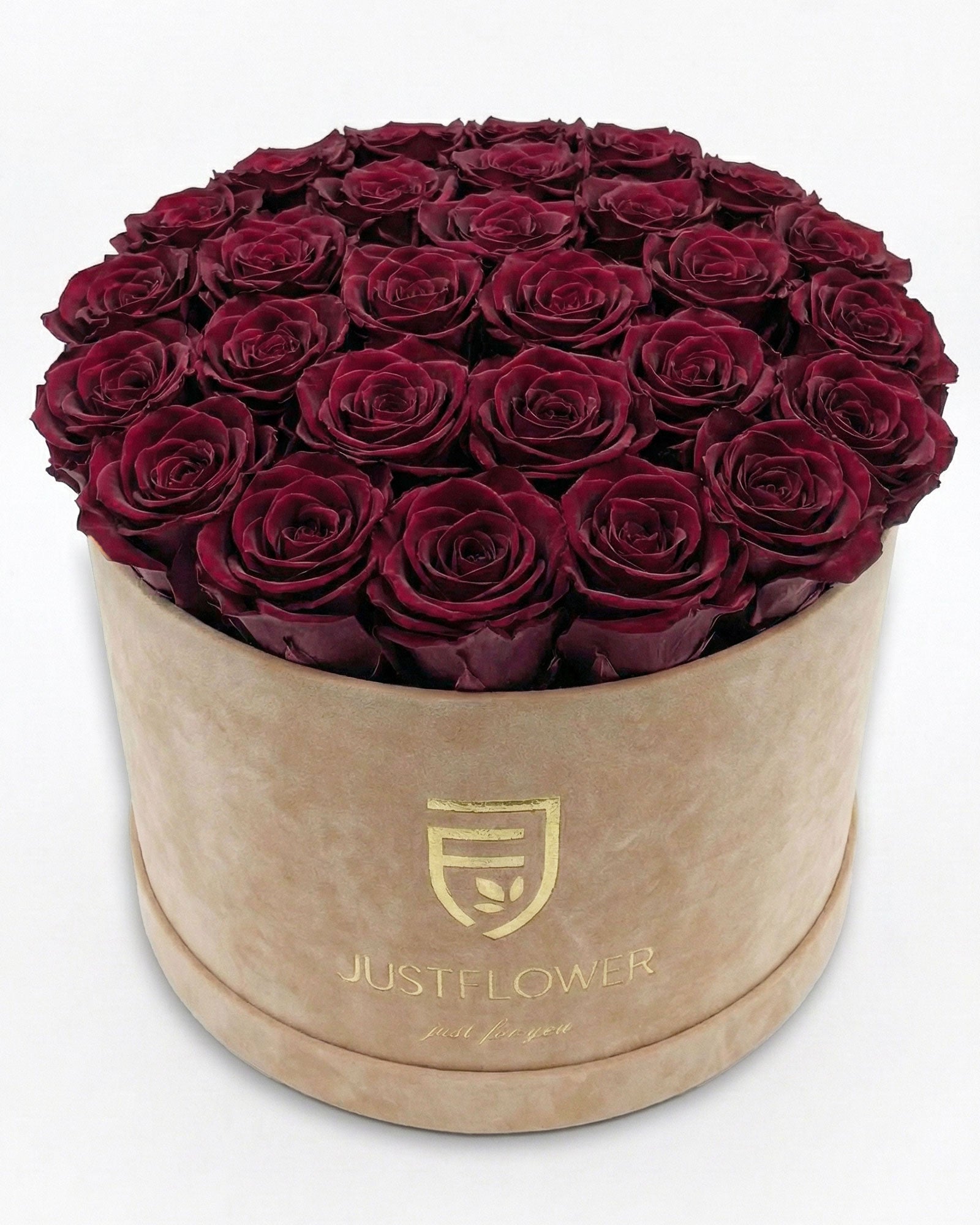 Rosenbox Rund XL Beige mit bordeauxfarbenen Rosen – JustFlower