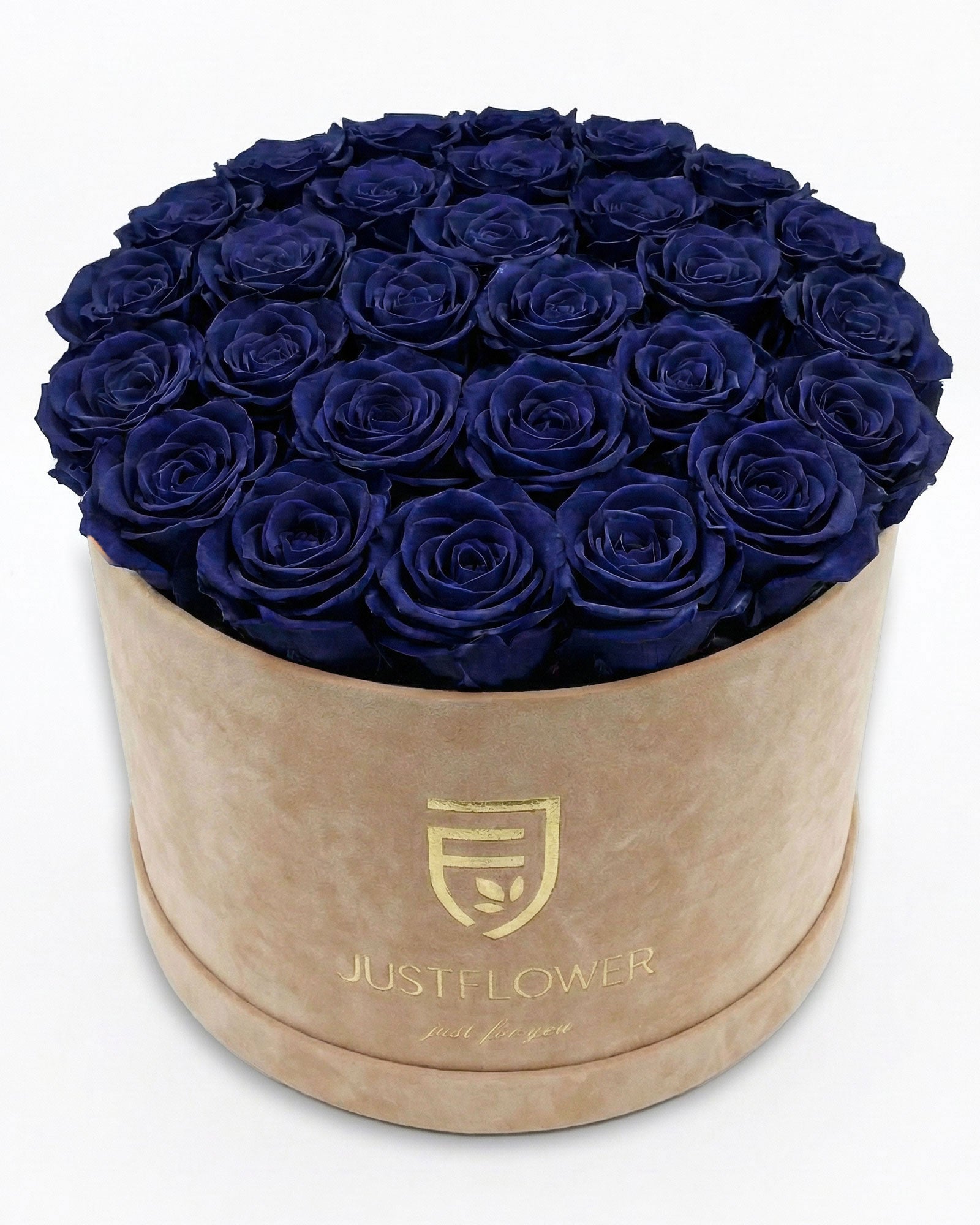 Rosenbox Rund XL Beige mit dunkelblauen Rosen – JustFlower