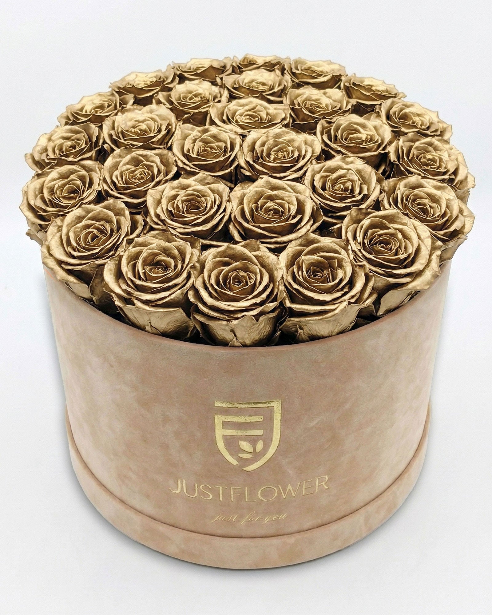 Rosenbox Rund XL Beige mit goldenen Rosen – JustFlower