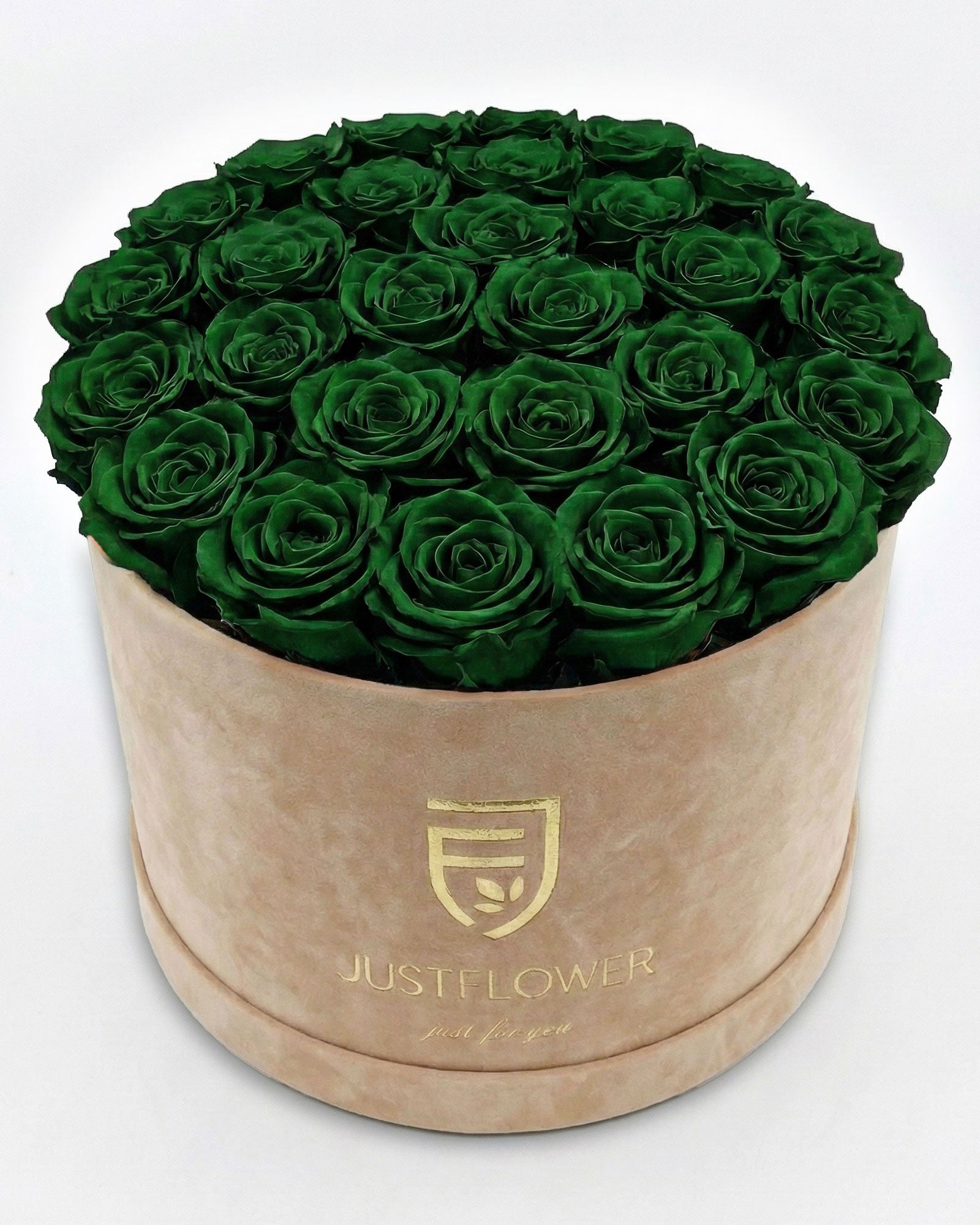 Rosenbox Rund XL Beige mit grünen Rosen – JustFlower