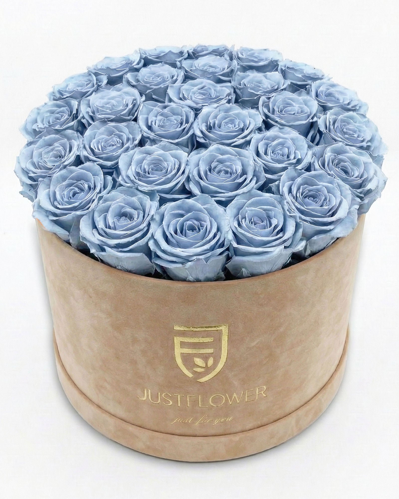 Rosenbox Rund XL Beige mit hellblauen Rosen – JustFlower
