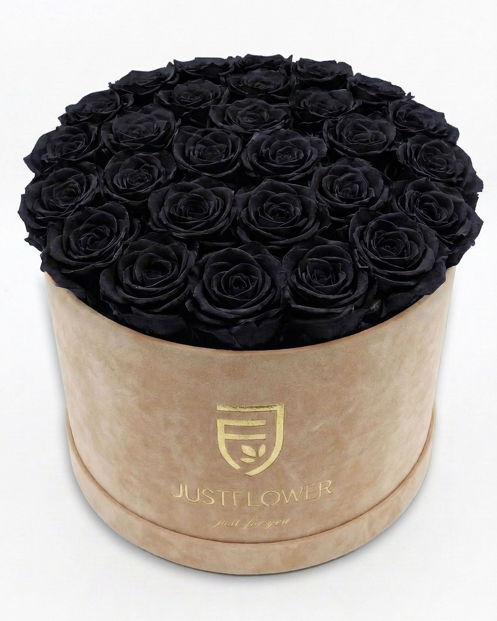 Rosenbox Rund XL Beige mit schwarzen Rosen – JustFlower