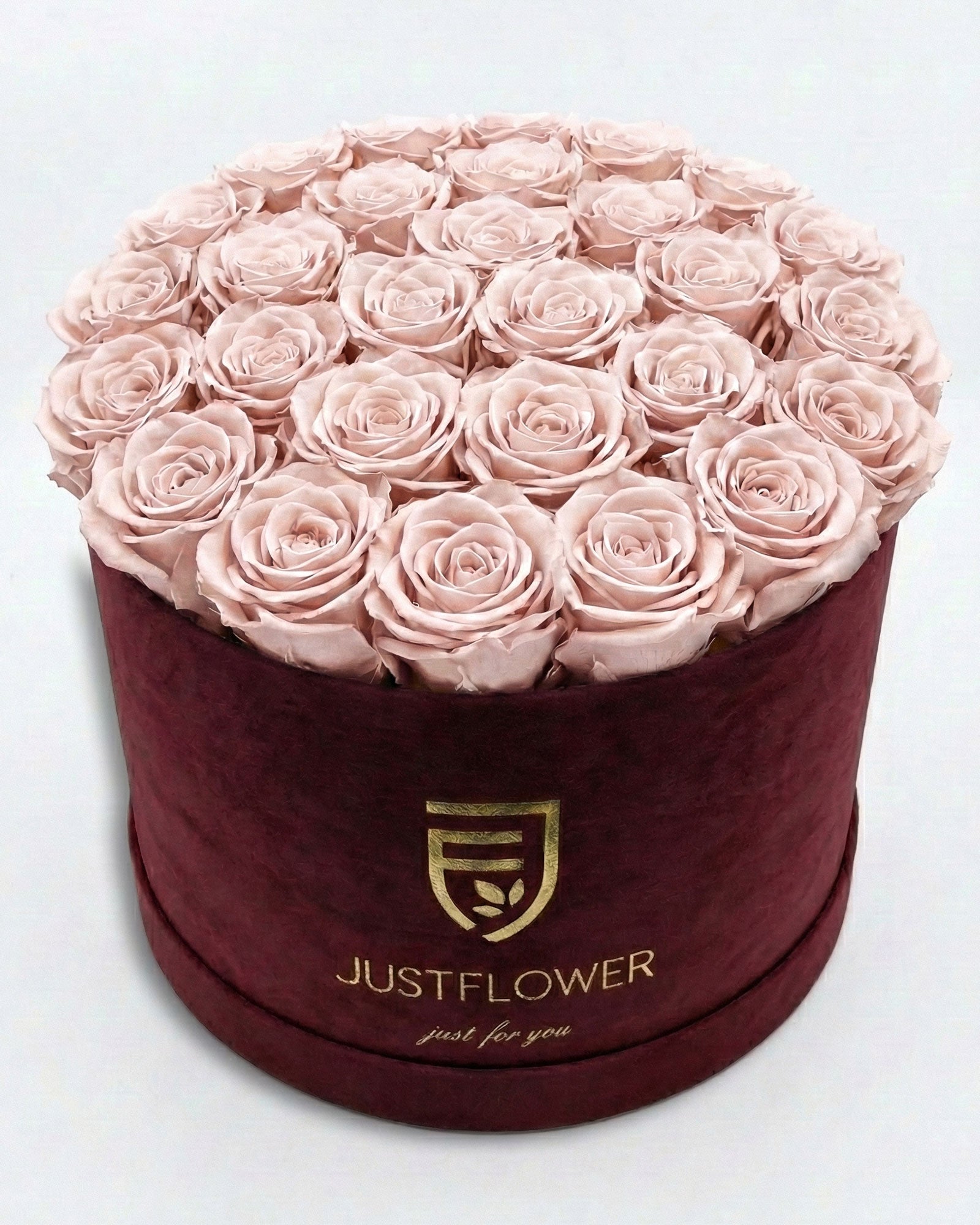 Rosenbox Rund XL Burgund mit altrosa Infinity Rosen – Velvet Rosenbox JustFlower