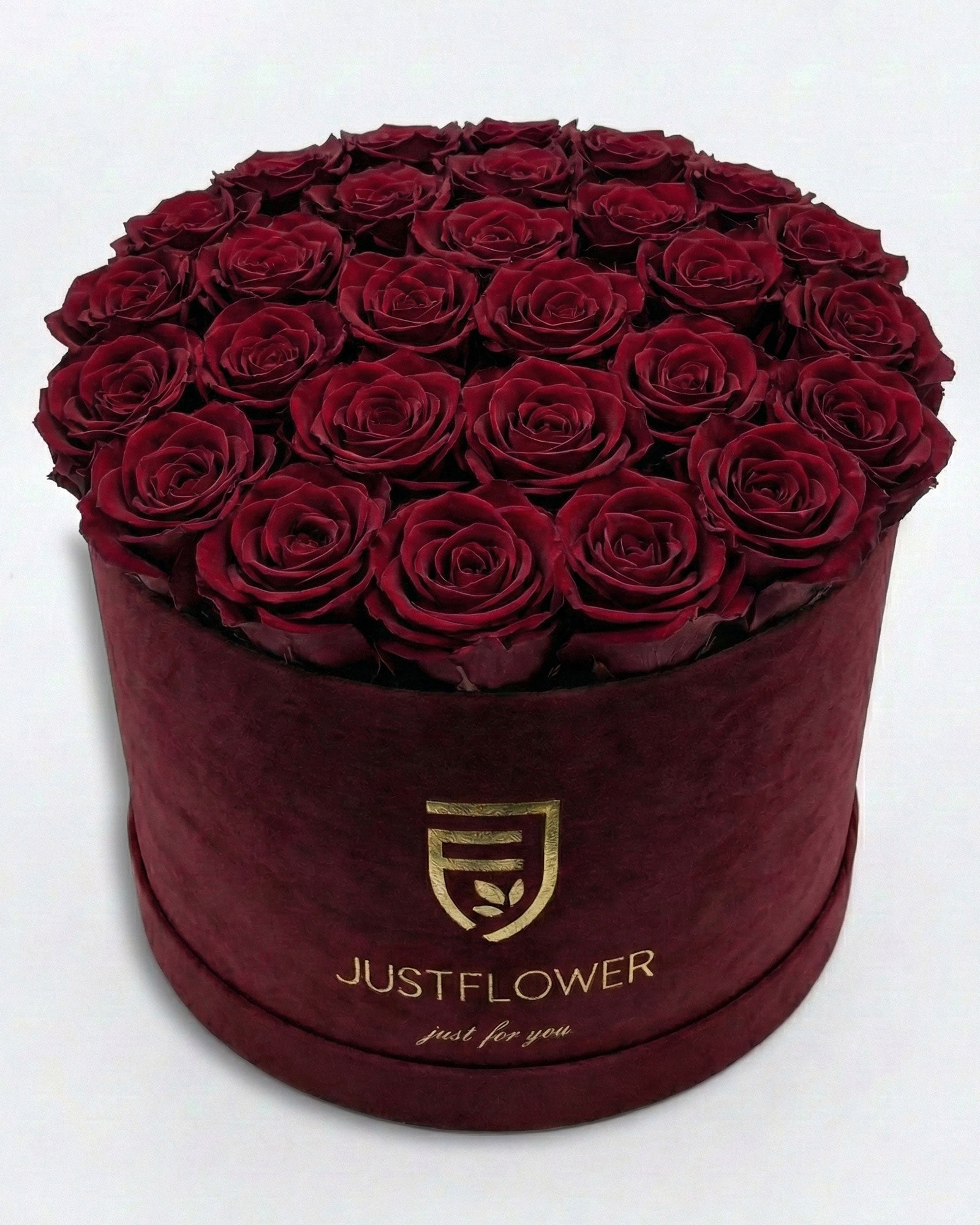 Rosenbox Rund XL Burgund mit burgunderfarbenen Infinity Rosen – Velvet Rosenbox JustFlower