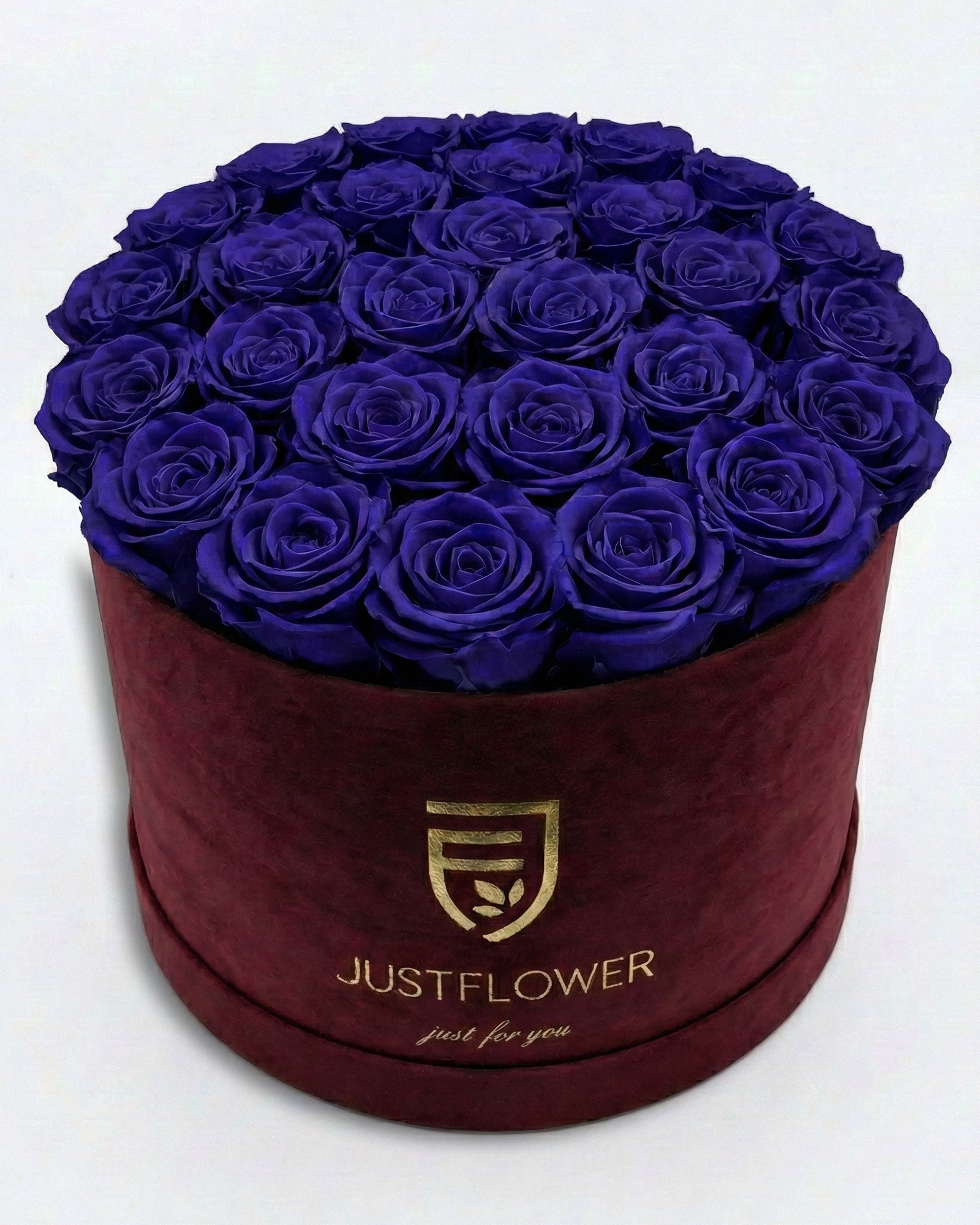 Rosenbox Rund XL Burgund mit dunkelblauen Infinity Rosen – Velvet Rosenbox JustFlower