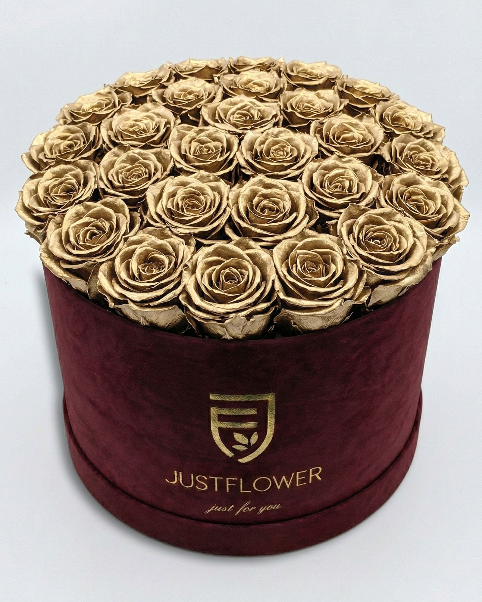 Rosenbox Rund XL Burgund mit goldenen Infinity Rosen – Velvet Rosenbox JustFlower