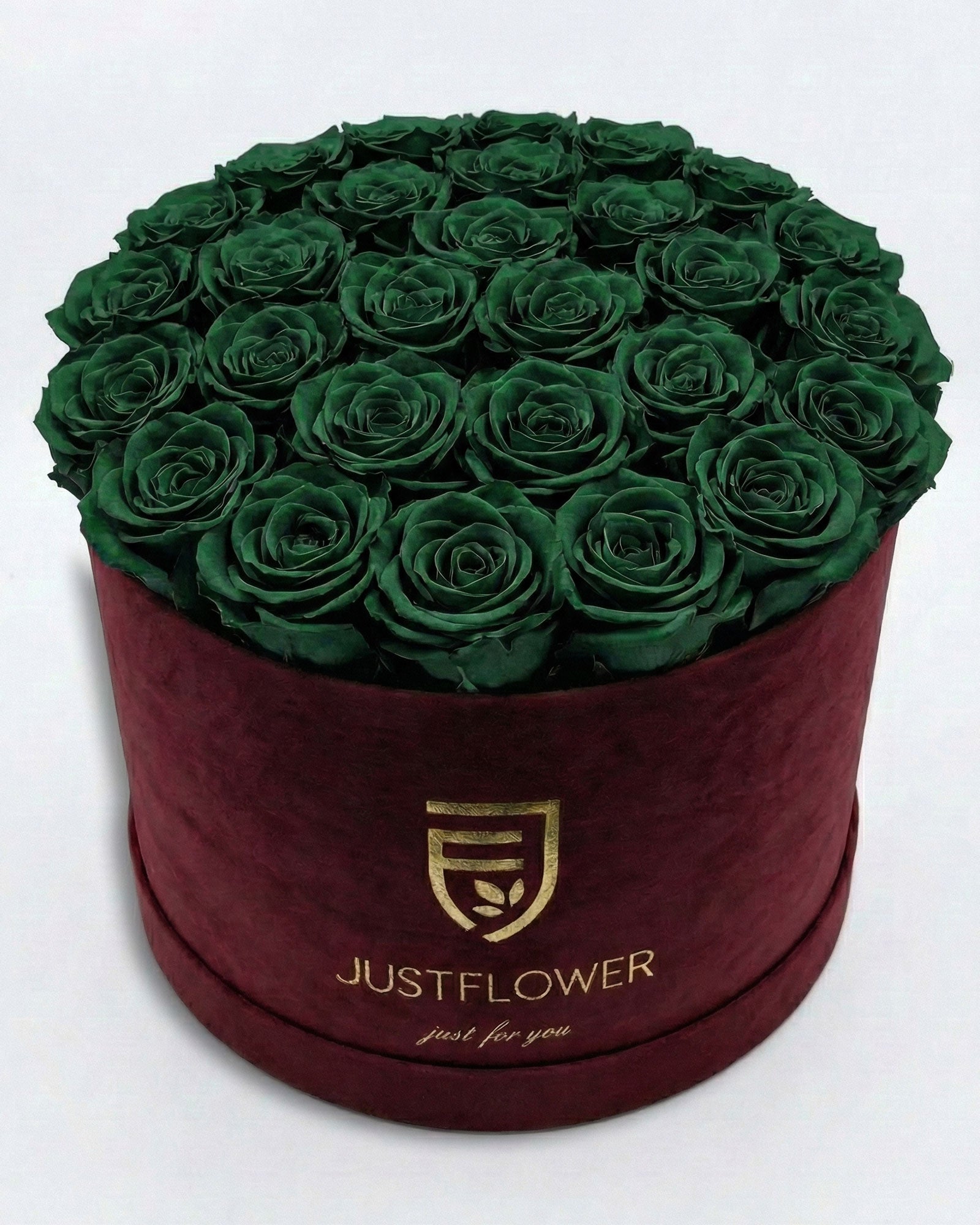 Rosenbox Rund XL Burgund mit grünen Infinity Rosen – Velvet Rosenbox JustFlower