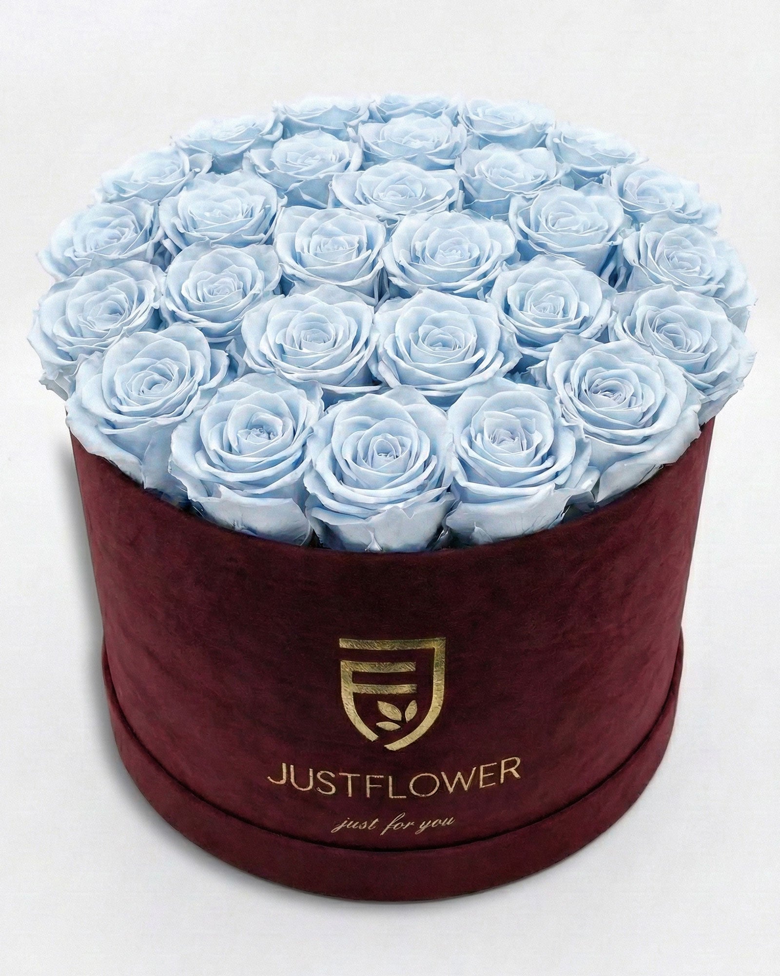 Rosenbox Rund XL Burgund mit hellblauen Infinity Rosen – Velvet Rosenbox JustFlower