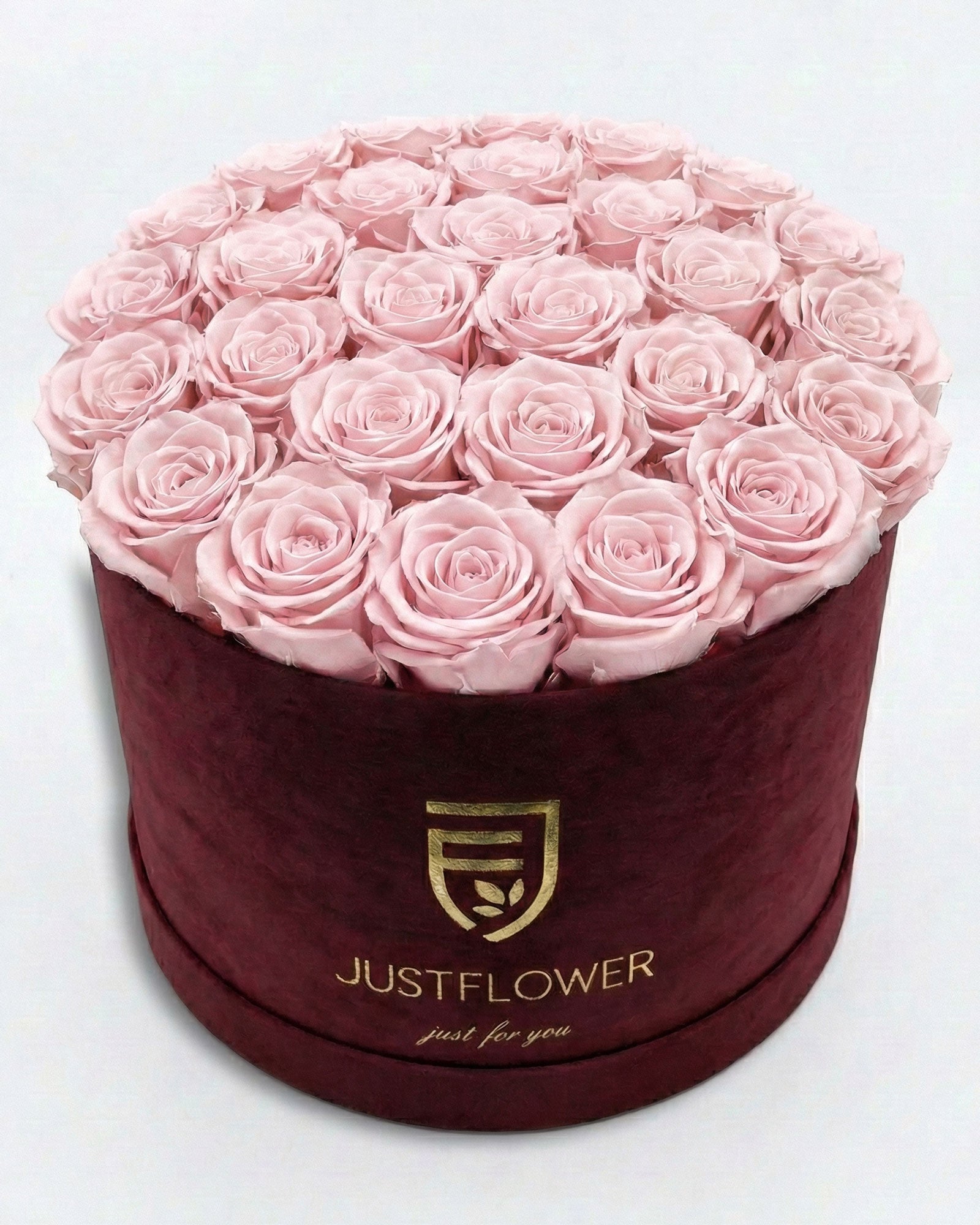 Rosenbox Rund XL Burgund mit hellrosa Infinity Rosen – Velvet Rosenbox JustFlower