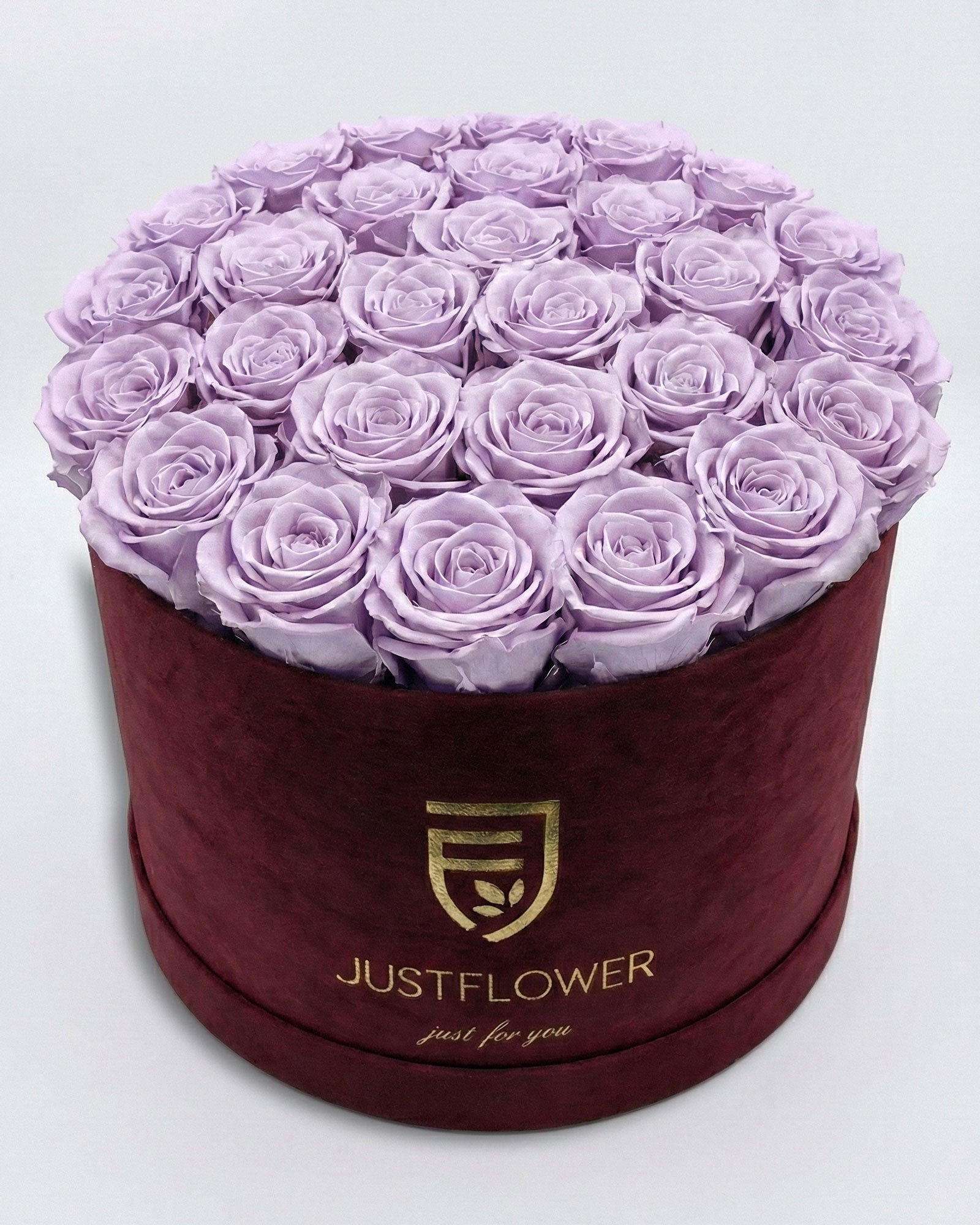 Rosenbox Rund XL Burgund mit lila Infinity Rosen – Velvet Rosenbox JustFlower