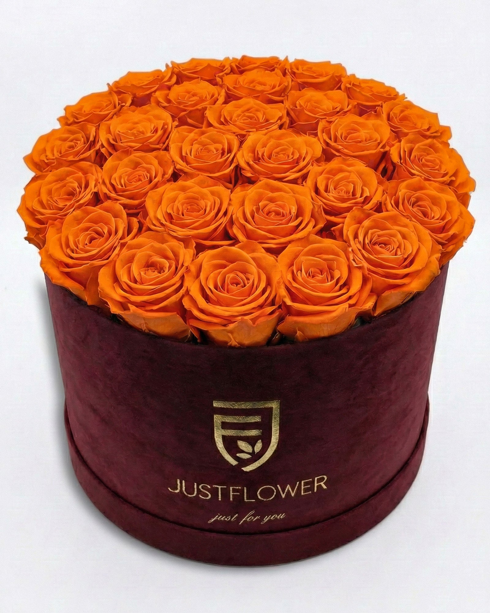 Rosenbox Rund XL Burgund mit orangenen Infinity Rosen – Velvet Rosenbox JustFlower