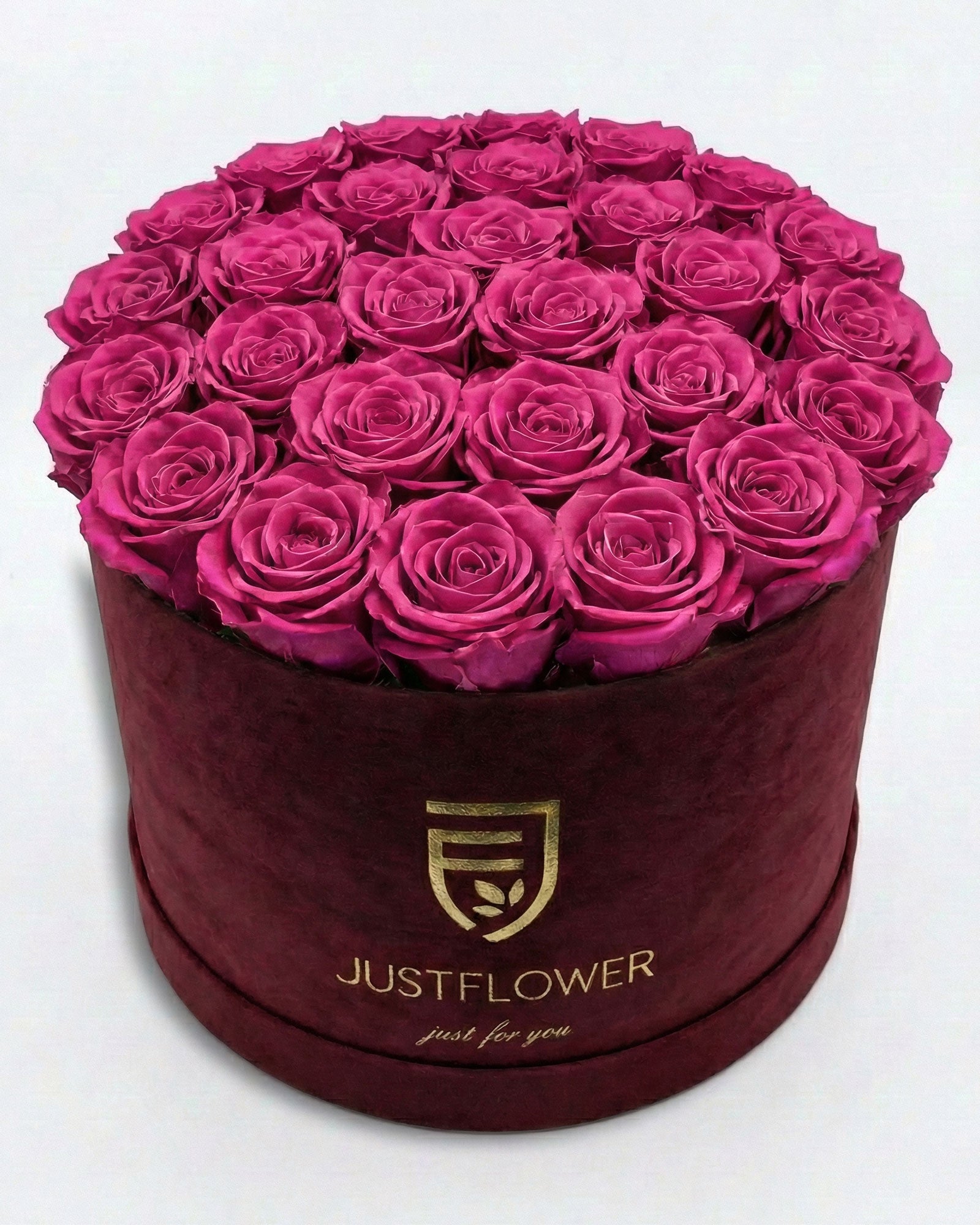 Rosenbox Rund XL Burgund mit rosa Infinity Rosen – Velvet Rosenbox JustFlower