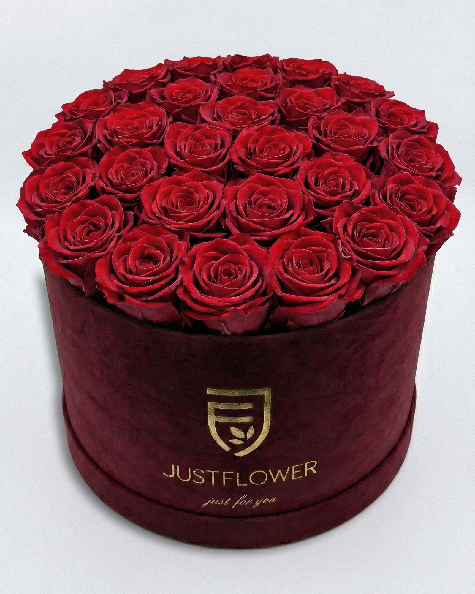 Rosenbox Rund XL Burgund mit roten Infinity Rosen – Velvet Rosenbox JustFlower