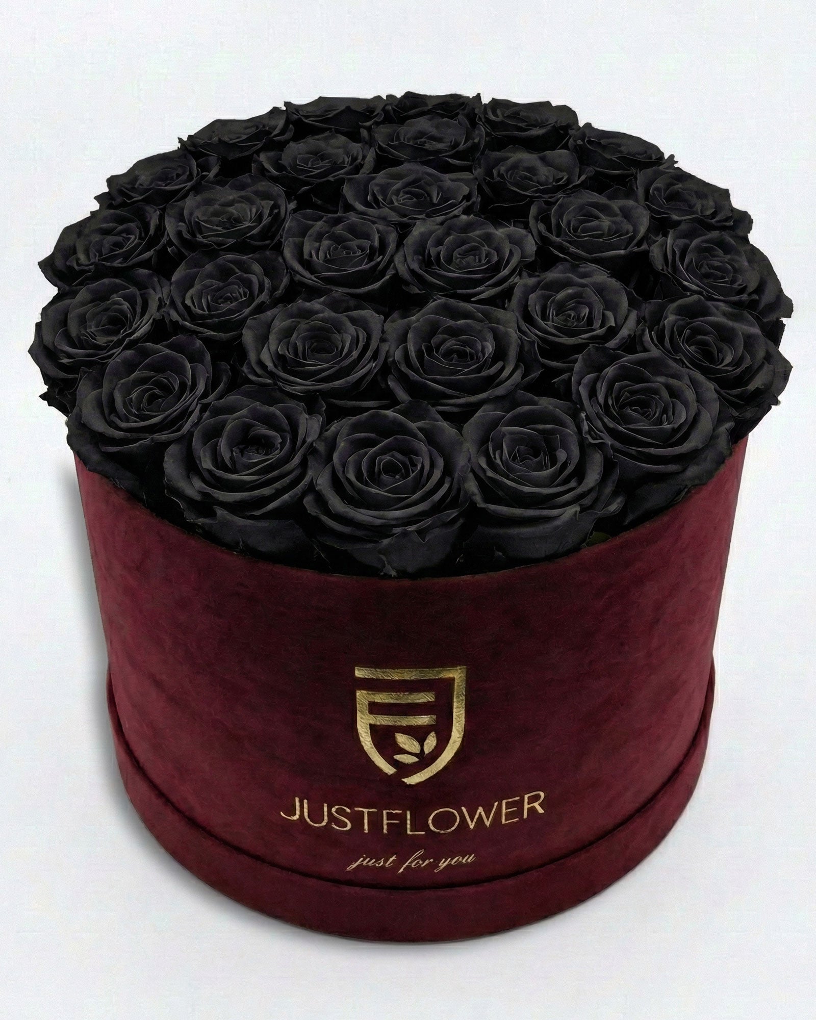 Rosenbox Rund XL Burgund mit schwarzen Infinity Rosen – Velvet Rosenbox JustFlower