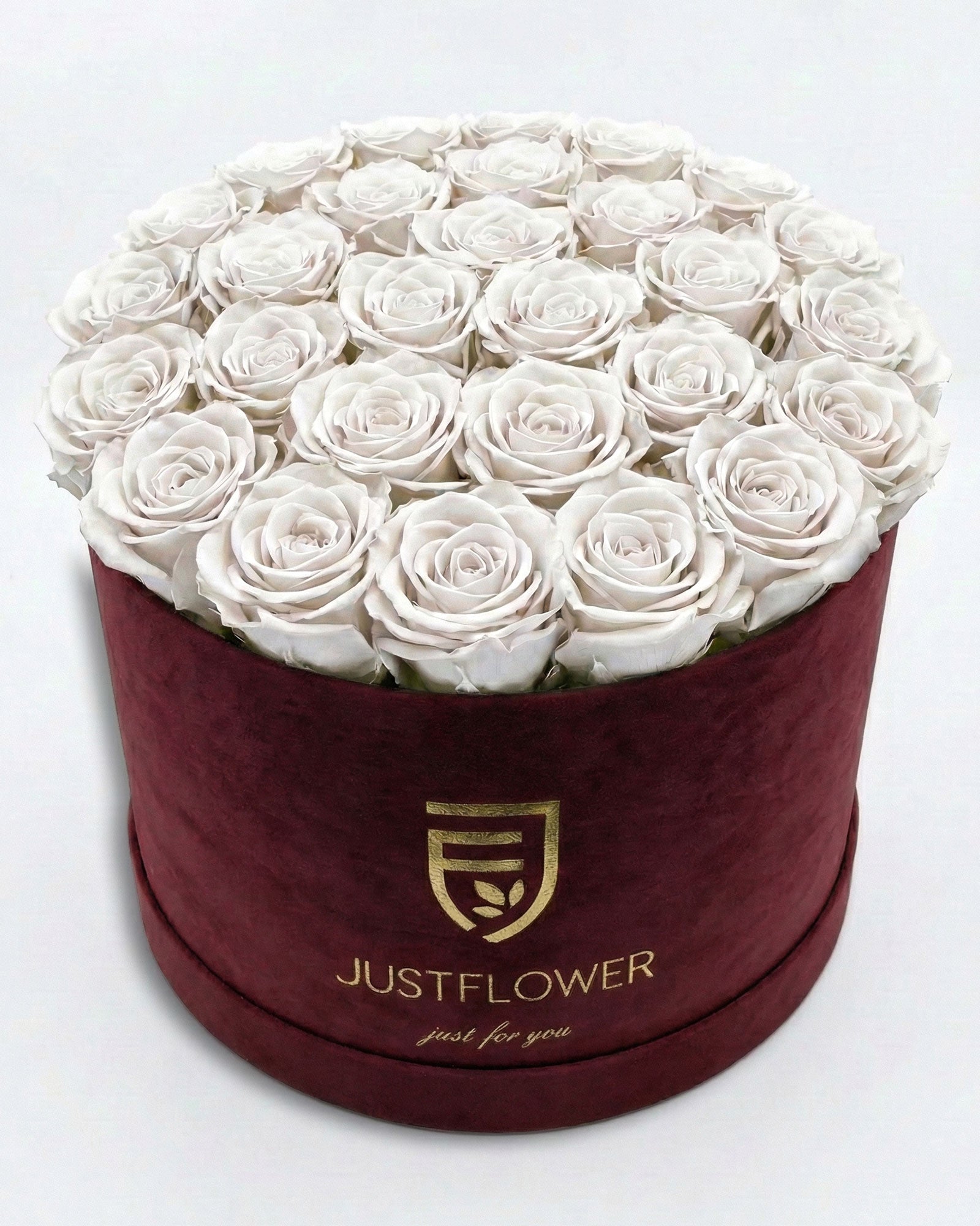 Rosenbox Rund XL Burgund mit weissen Infinity Rosen – Velvet Rosenbox JustFlower