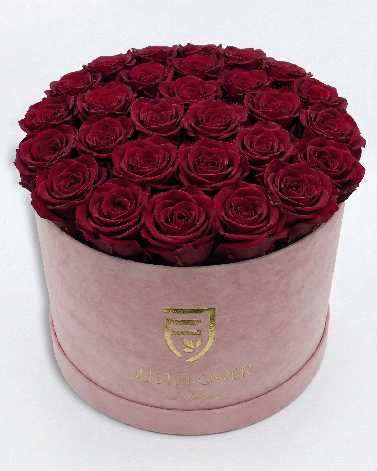 Rosenbox Rund XL in Hellrosa mit burgundfarbenen Infinity Rosen – romantische Rosenbox hochwertig und langlebig.
