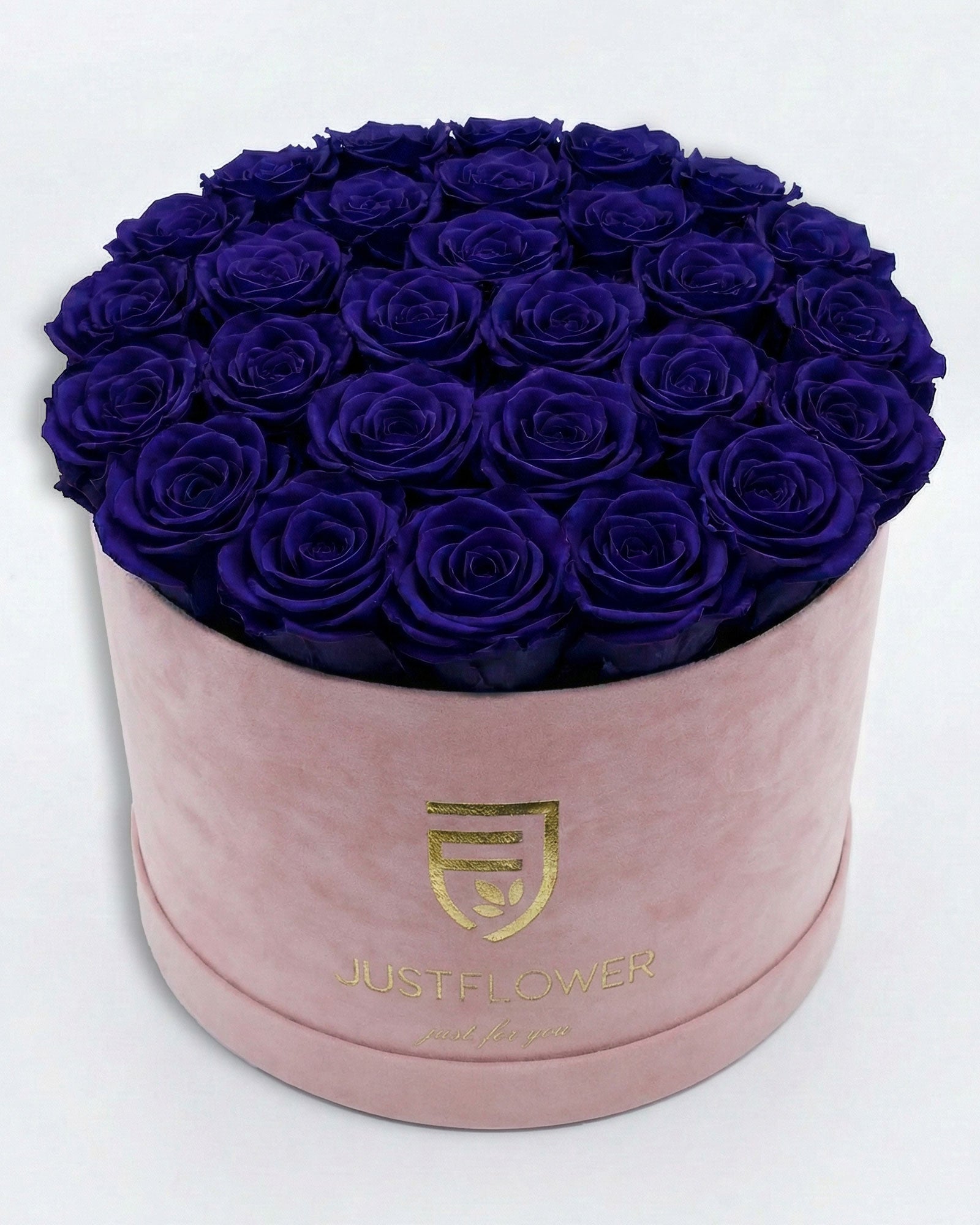Rosenbox Rund XL in Hellrosa mit dunkelblauen Infinity Rosen – exklusive Rosenbox mit edlem Farbkontrast.