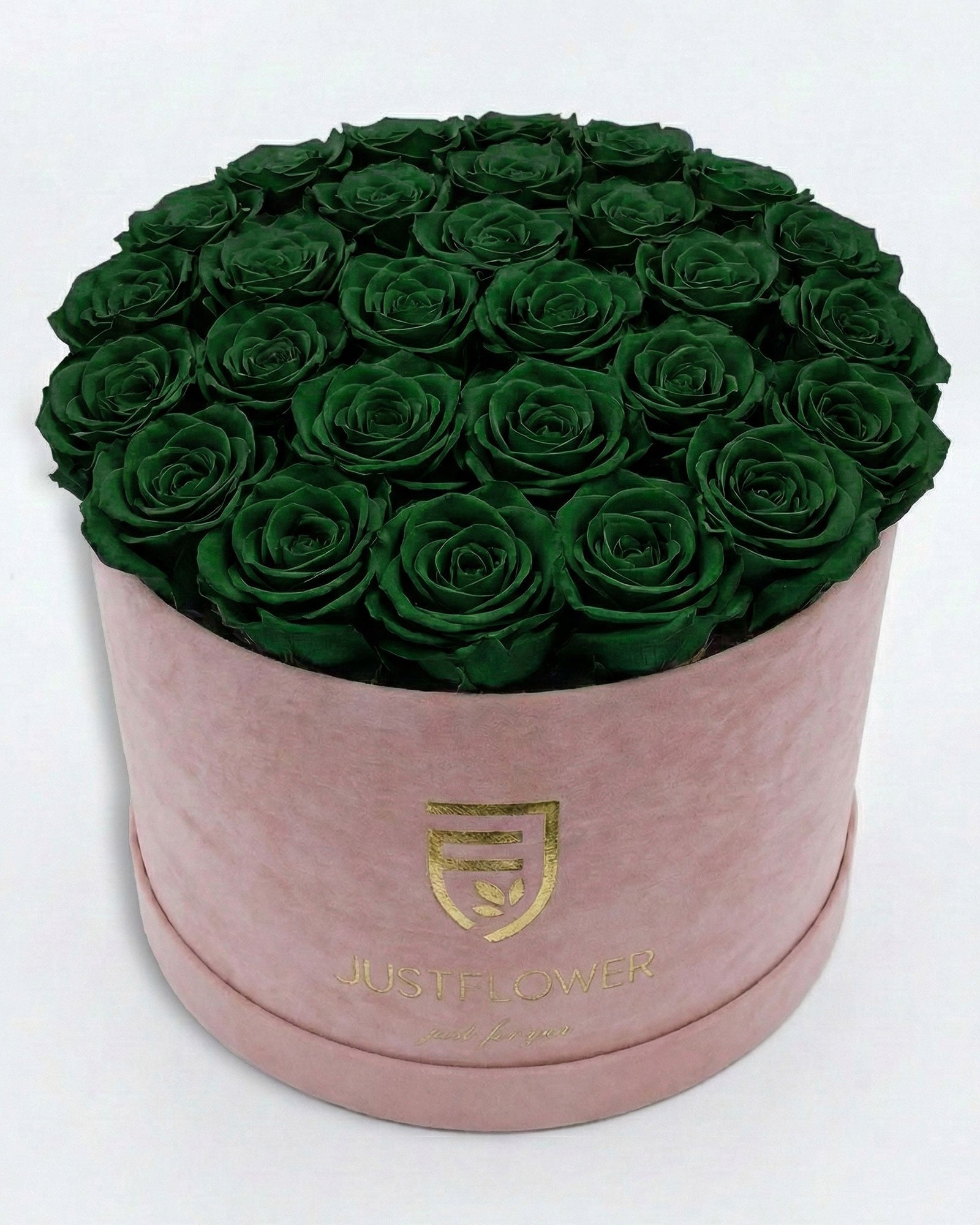 Rosenbox Rund XL in Hellrosa mit grünen Infinity Rosen – kreative Rosenbox für individuelle Geschenkideen.