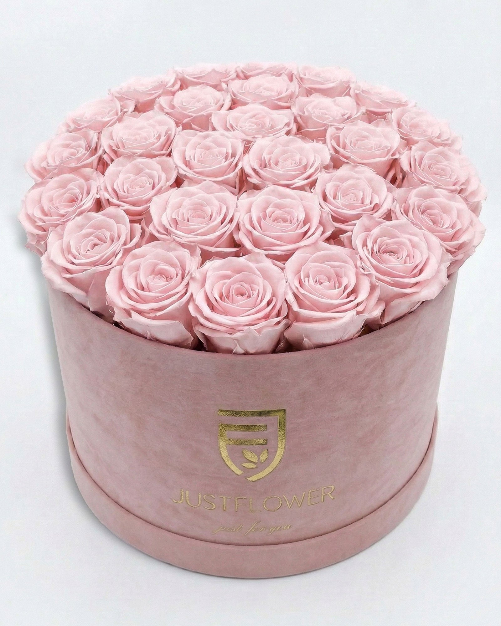 Rosenbox Rund XL in Hellrosa mit hellrosa Infinity Rosen – harmonische Rosenbox in sanften Pastelltönen.