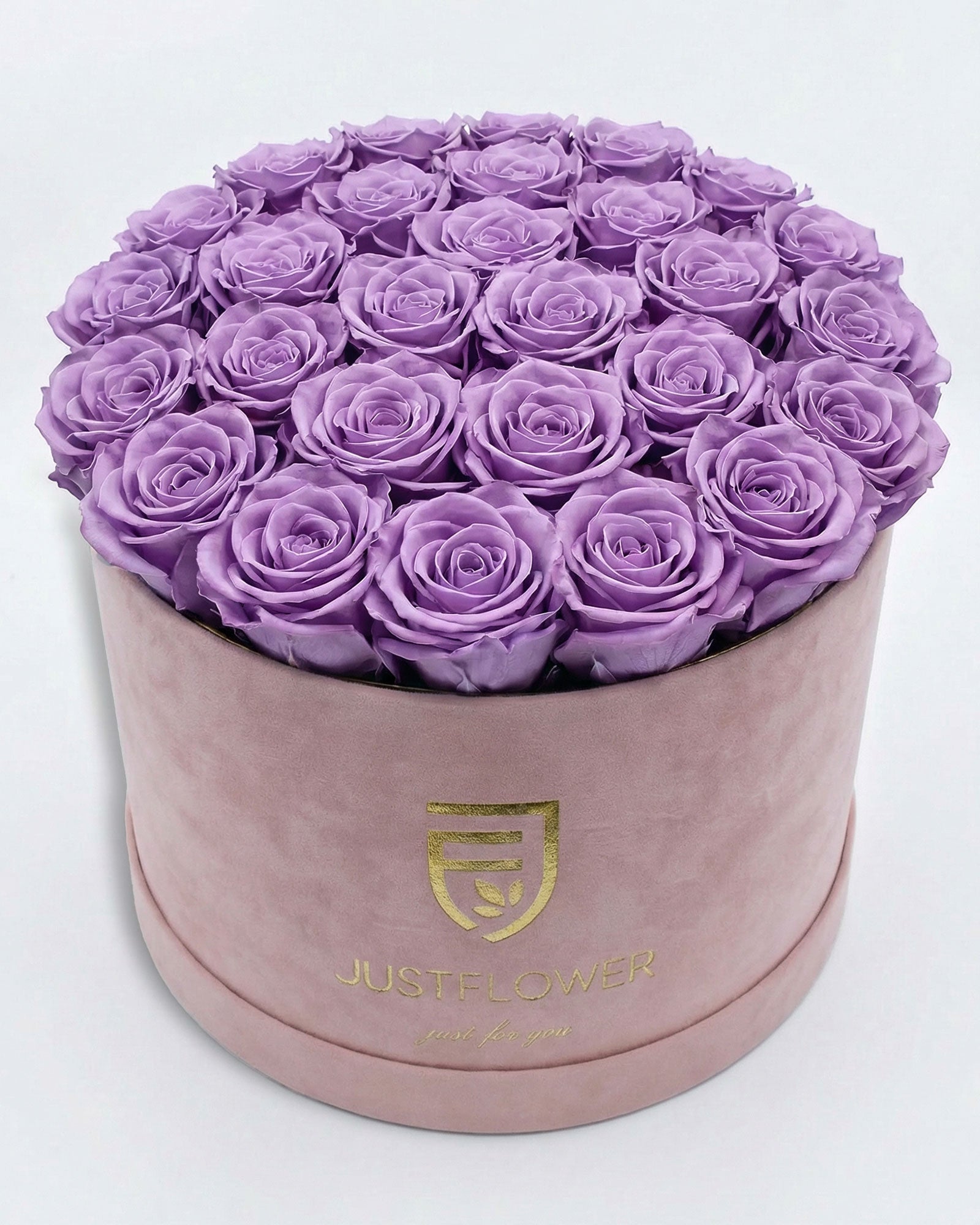 Rosenbox Rund XL in Hellrosa mit lila Infinity Rosen – moderne Rosenbox in einzigartiger Farbkombination.