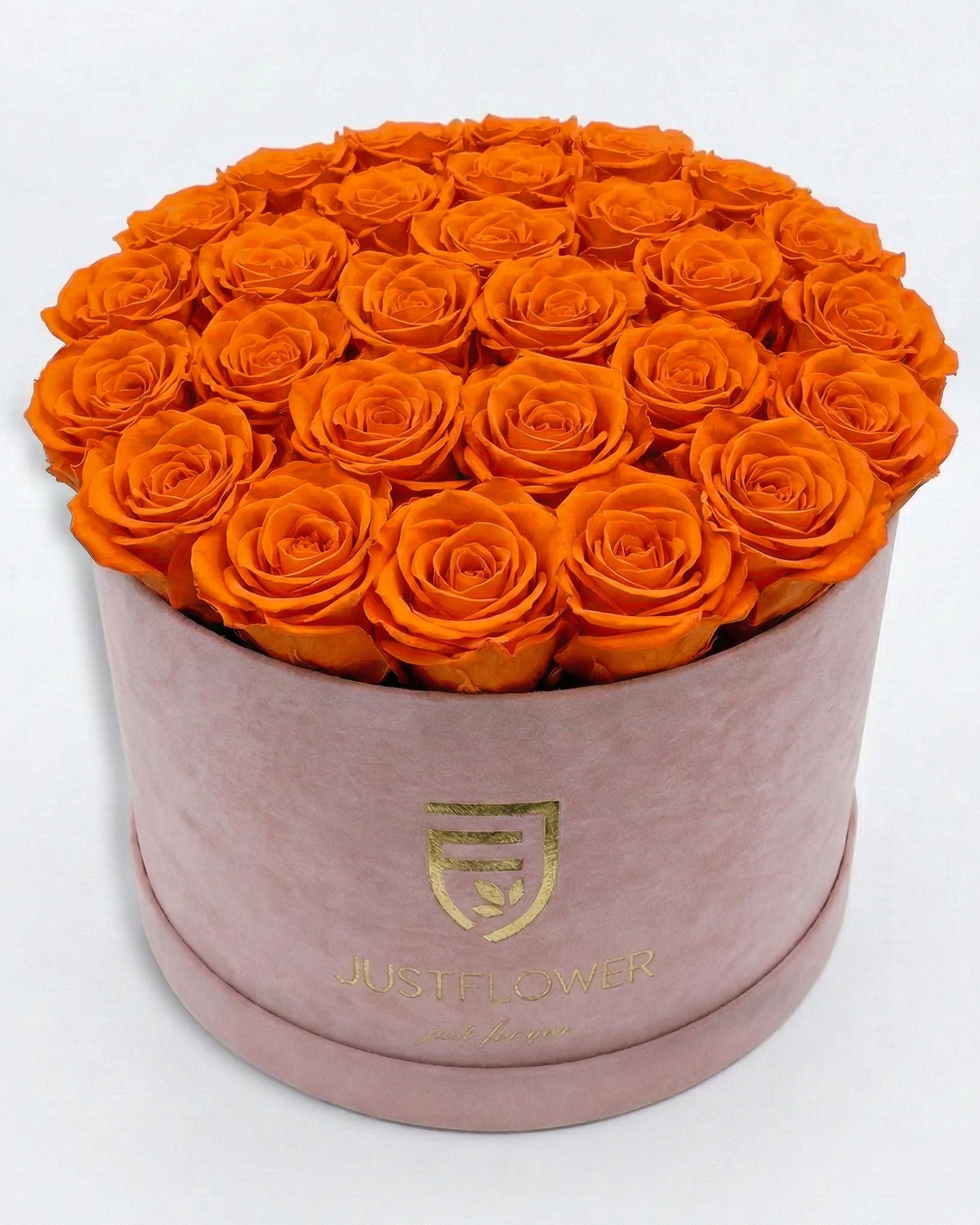 Rosenbox Rund XL in Hellrosa mit orangefarbenen Infinity Rosen – auffällige Rosenbox modern und dekorativ.