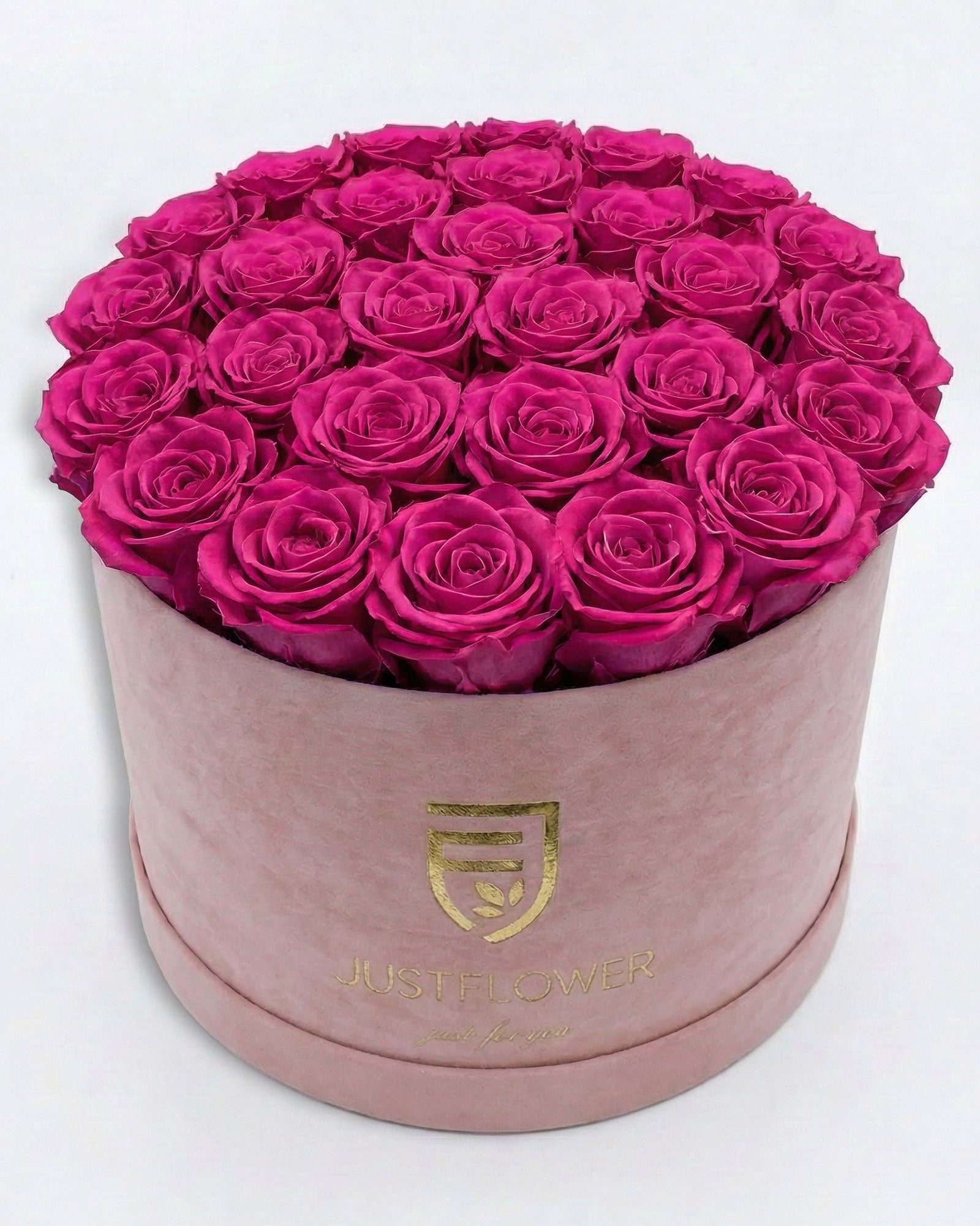 Rosenbox Rund XL in Hellrosa mit rosa Infinity Rosen – stilvolle Rosenbox als Geschenkidee für Frauen.
