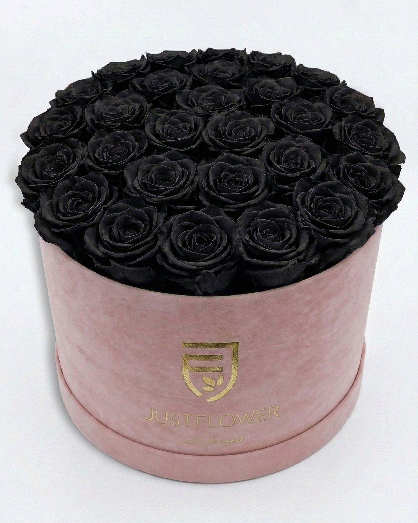 Rosenbox Rund XL in Hellrosa mit schwarzen Infinity Rosen – luxuriöse Rosenbox modern und stilvoll.
