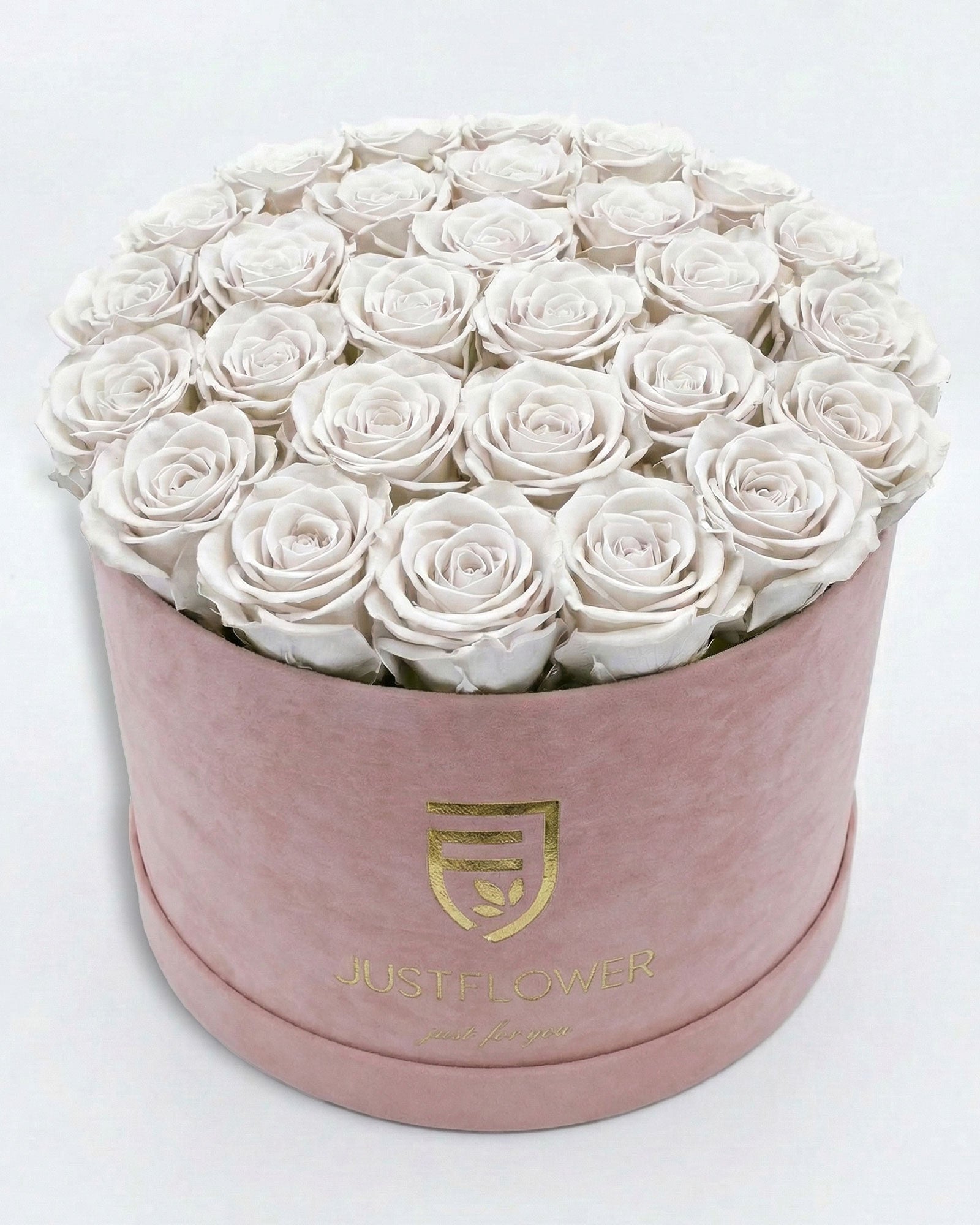 Rosenbox Rund XL in Hellrosa mit weissen Infinity Rosen – edle Rosenbox für Hochzeit und besondere Anlässe.
